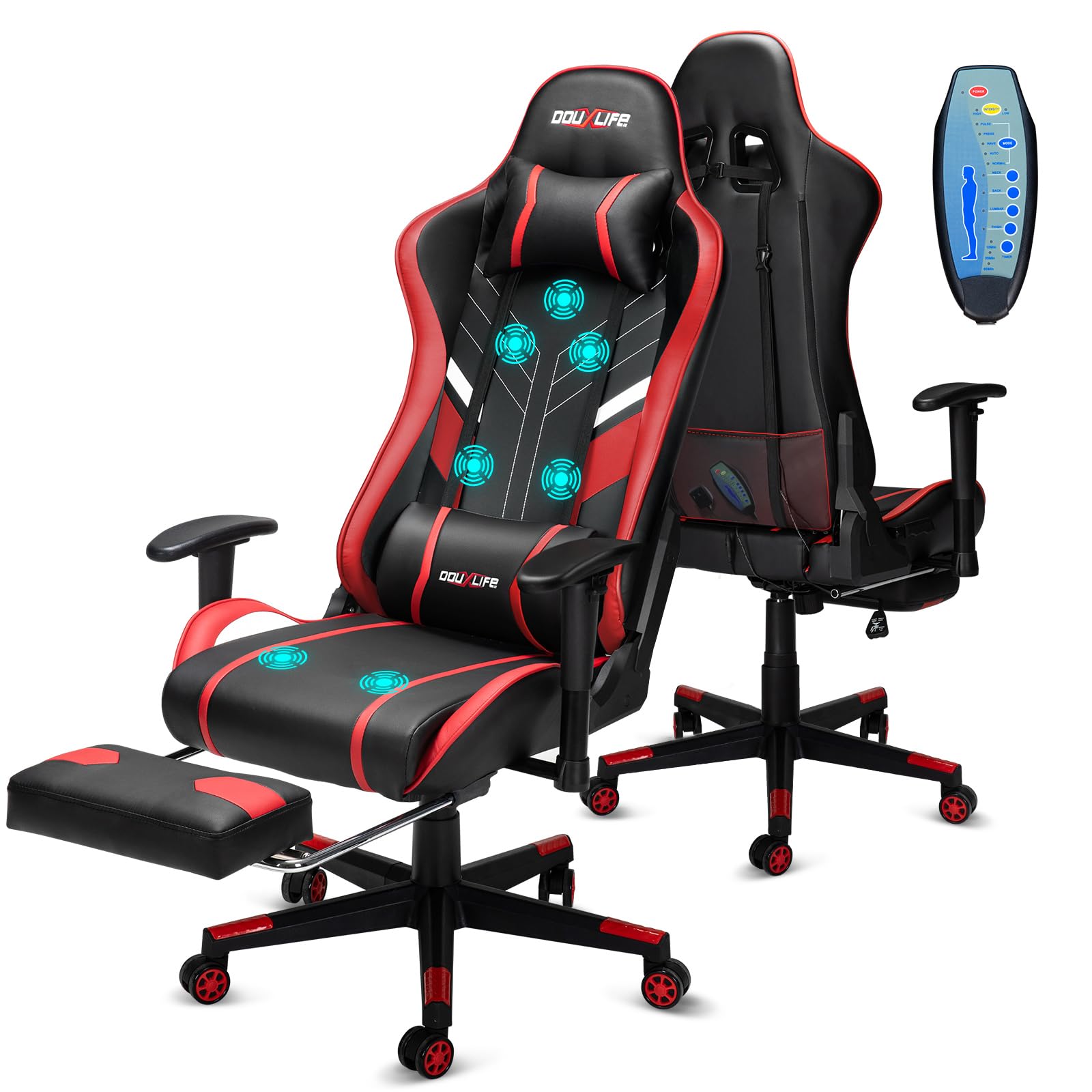 Douxlife Gaming Chair, with 7-Point Massage, Footrest, Ergonomic 180KG Office Chair, 90-175° Backrest Adjustable, Adjustable Armrest, Desk Chair for Adults, Black and White 