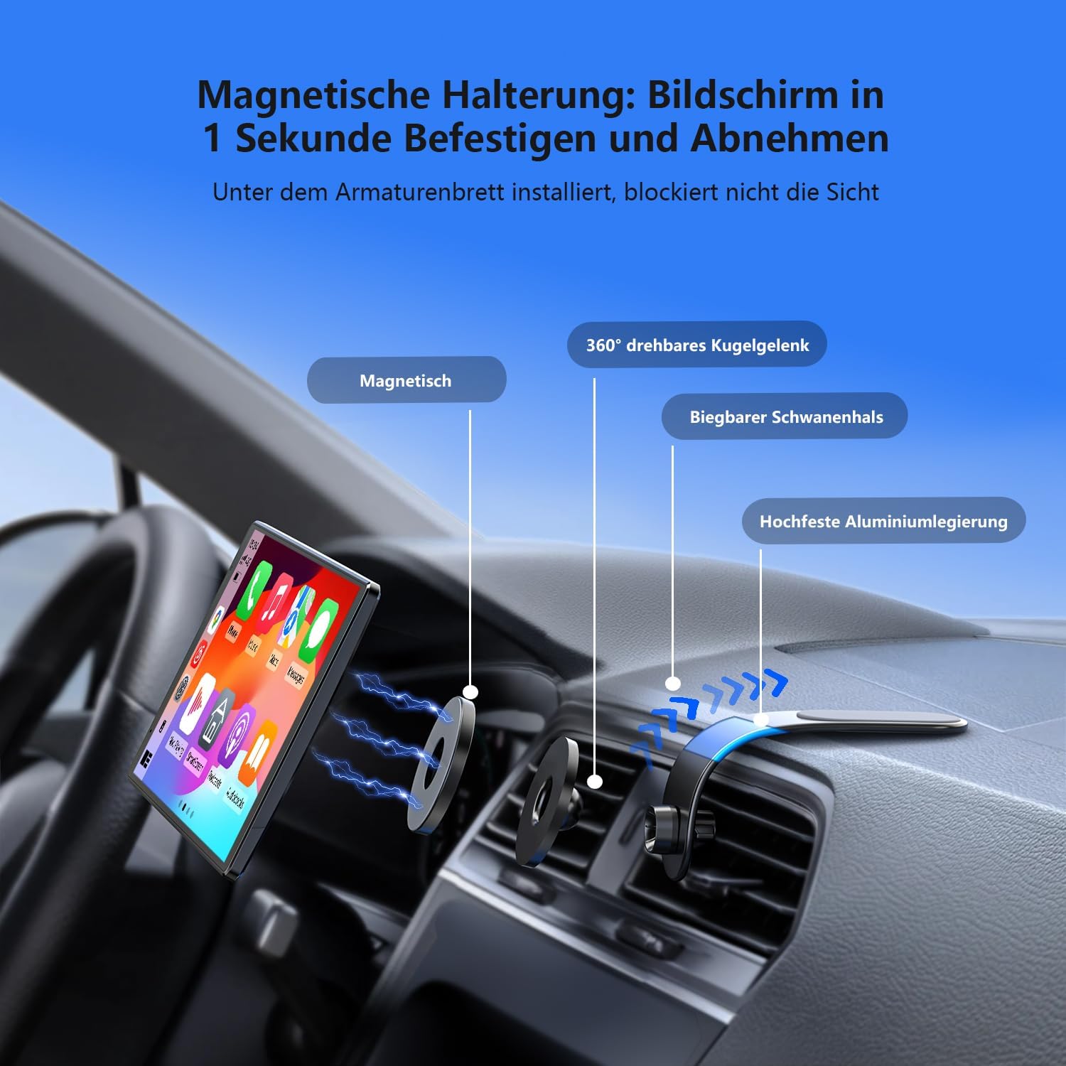 Krunia 8'' Portable Carplay Display for Apple CarPlay &amp; Android Auto, 1440x900 HD Display, Magnetic Mount, OTA Updates, Rear View Camera, Bluetooth, Voice Control, GPS Navigation 