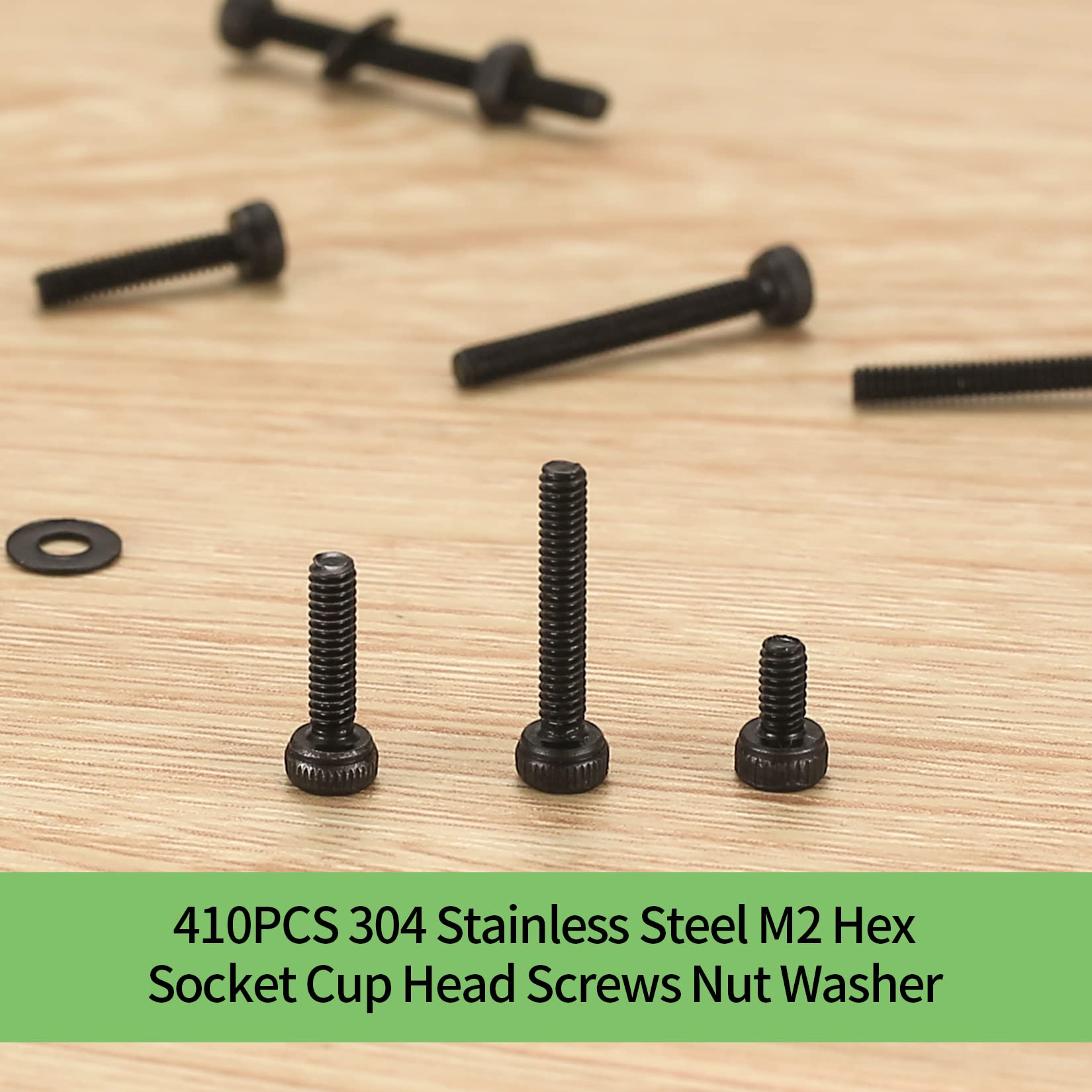 410pcs M2 Countersunk Head Hex Socket Screws, 10.9 Carbon Steel Full Thread Machine Screws, Nuts and Washers Assortment with Allen Keys 