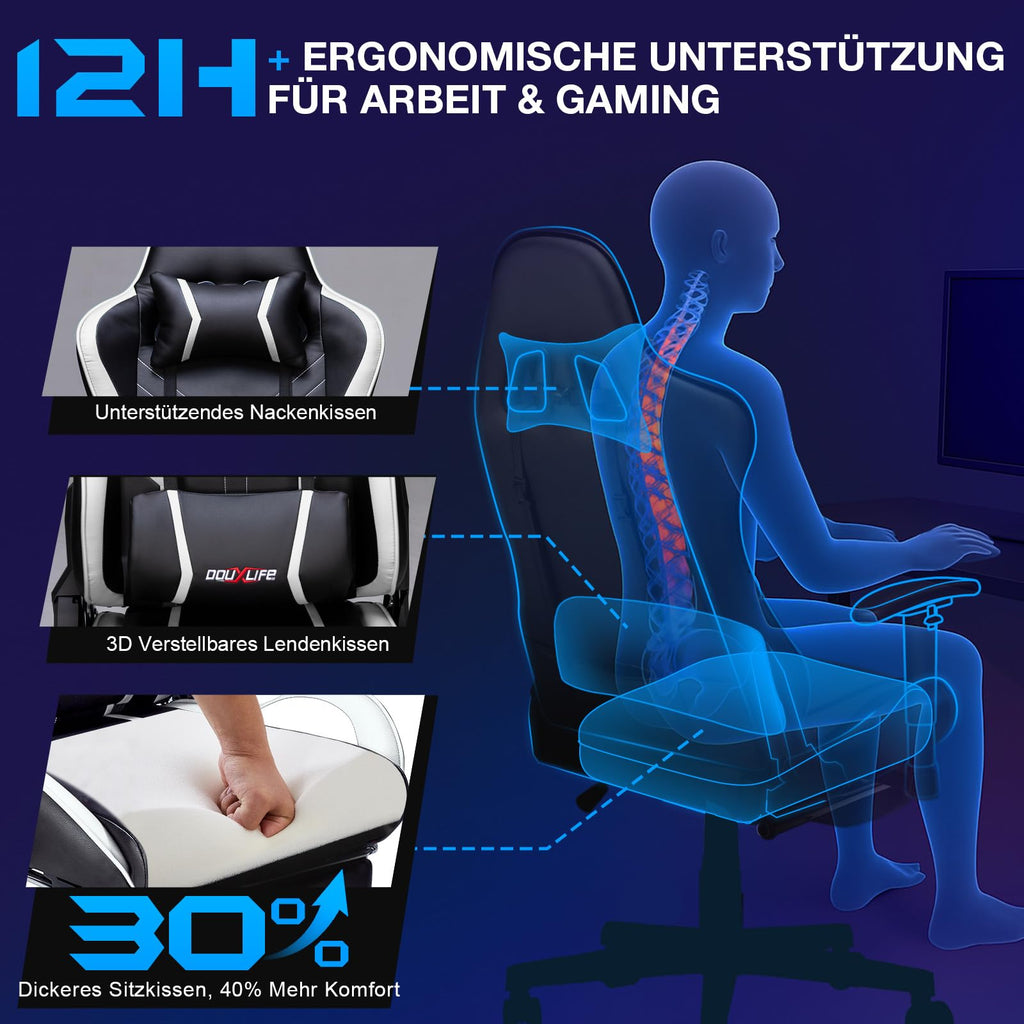Douxlife Gaming Chair, with 7-Point Massage, Footrest, Ergonomic 180KG Office Chair, 90-175° Backrest Adjustable, Adjustable Armrest, Desk Chair for Adults, Black and White 
