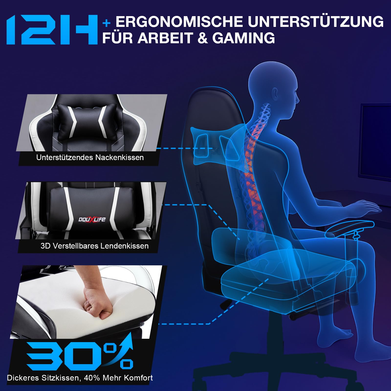 Douxlife Gaming Chair, with 7-Point Massage, Footrest, Ergonomic 180KG Office Chair, 90-175° Backrest Adjustable, Adjustable Armrest, Desk Chair for Adults, Black and White 