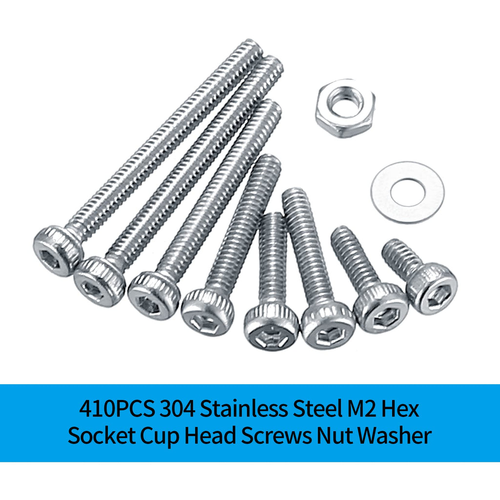 410pcs M2 Countersunk Head Hex Socket Screws, 10.9 Carbon Steel Full Thread Machine Screws, Nuts and Washers Assortment with Allen Keys 