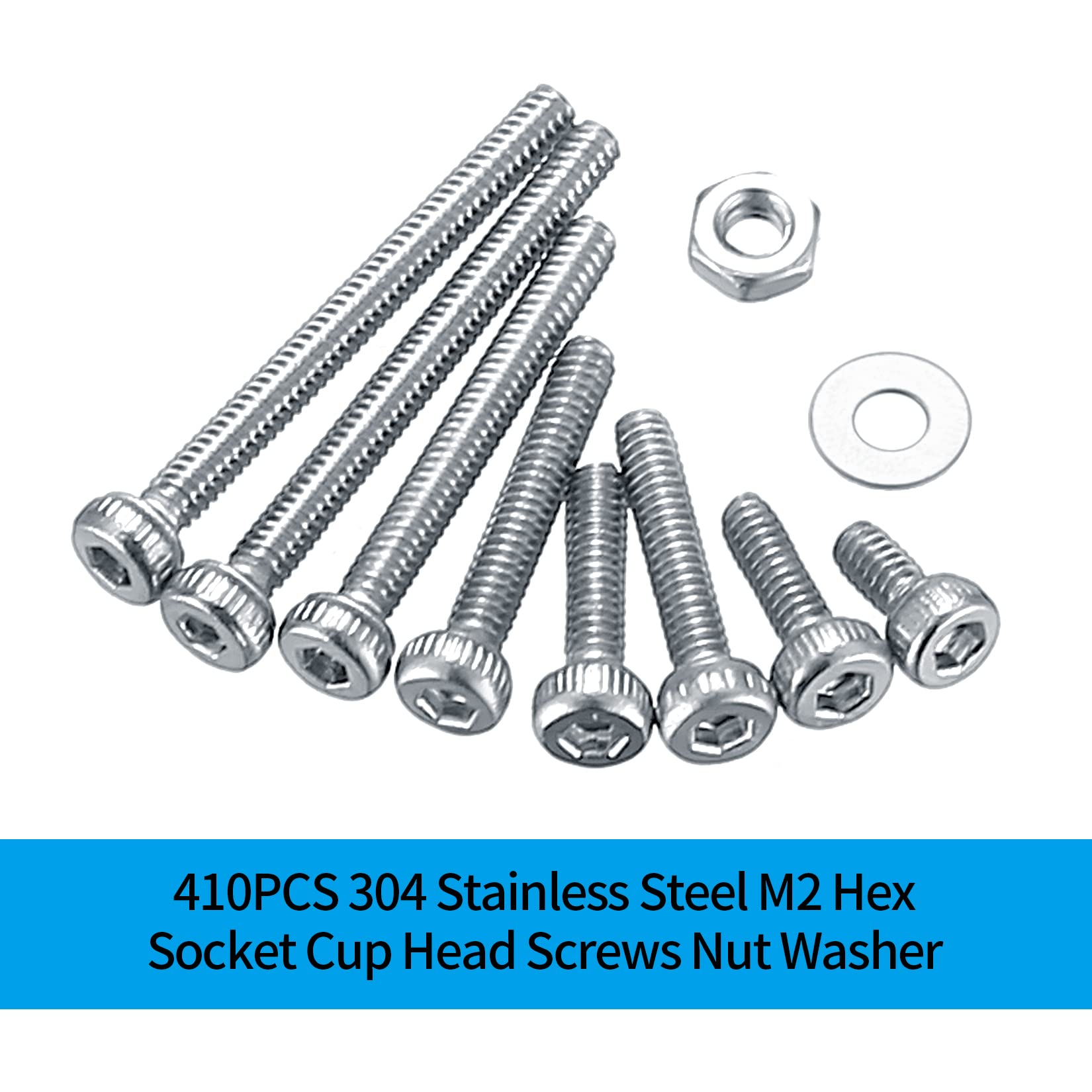 410pcs M2 Countersunk Head Hex Socket Screws, 10.9 Carbon Steel Full Thread Machine Screws, Nuts and Washers Assortment with Allen Keys 