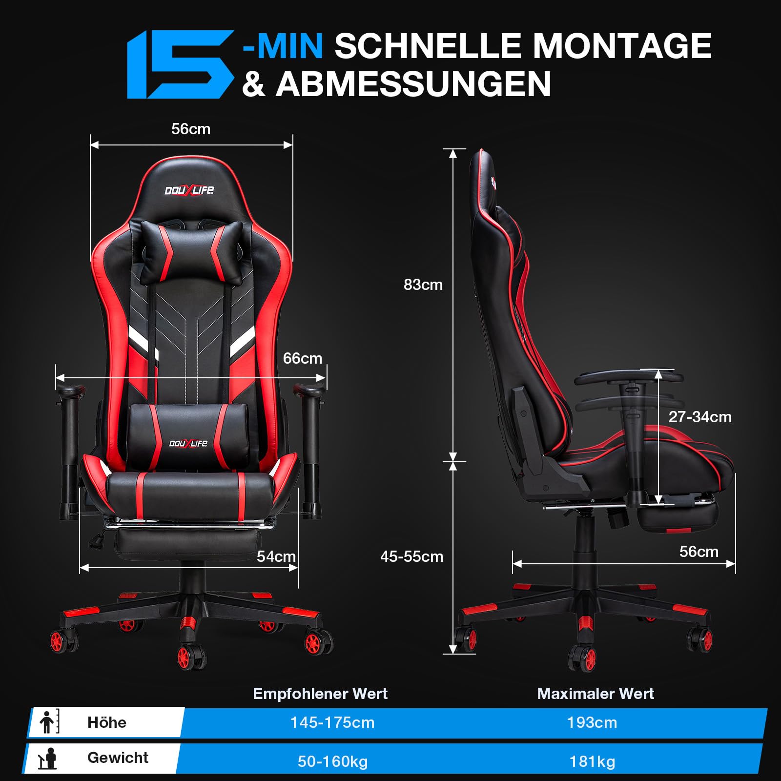 Douxlife Gaming Chair, with 7-Point Massage, Footrest, Ergonomic 180KG Office Chair, 90-175° Backrest Adjustable, Adjustable Armrest, Desk Chair for Adults, Black and White 