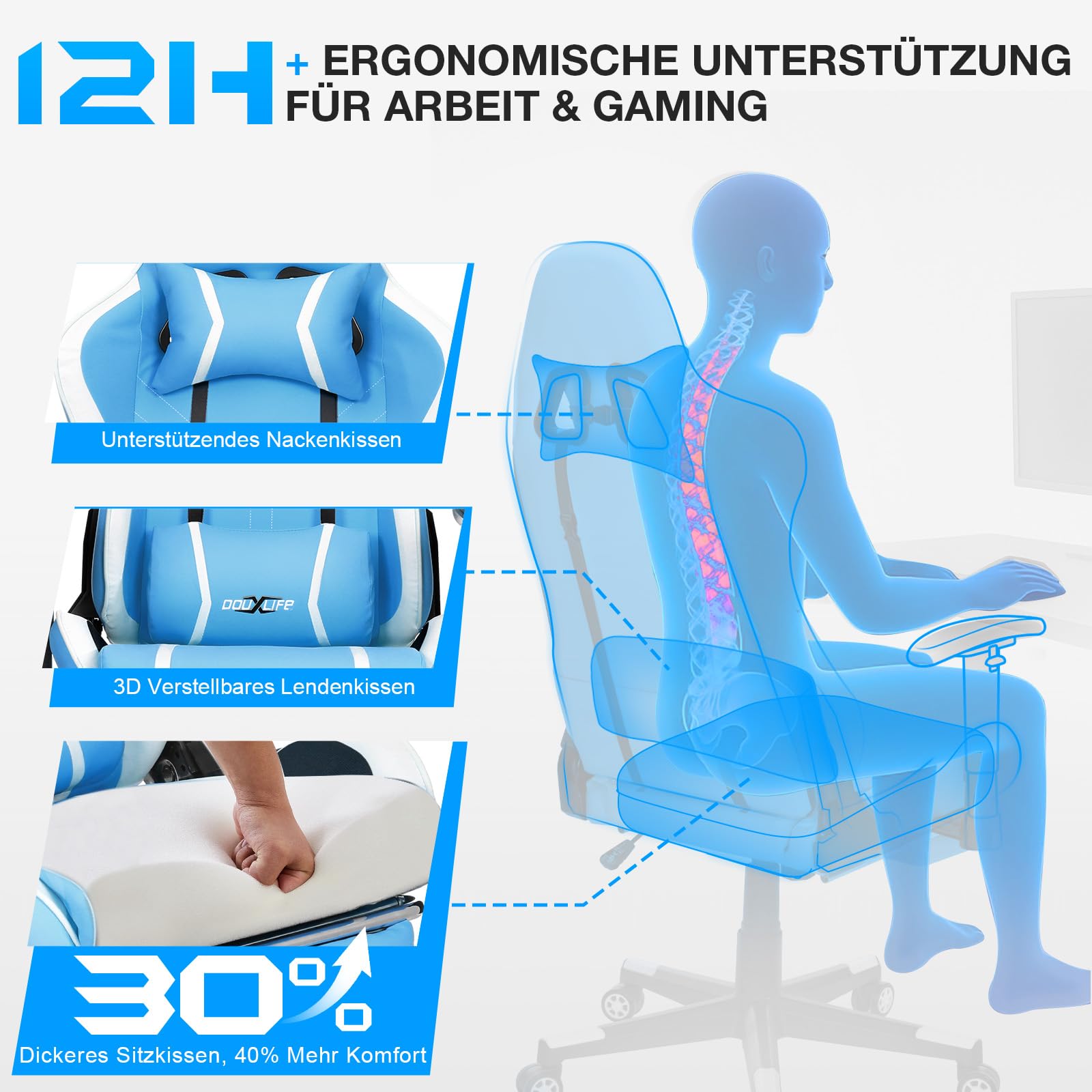 Douxlife Gaming Chair, with 7-Point Massage, Footrest, Ergonomic 180KG Office Chair, 90-175° Backrest Adjustable, Adjustable Armrest, Desk Chair for Adults, Black and White 