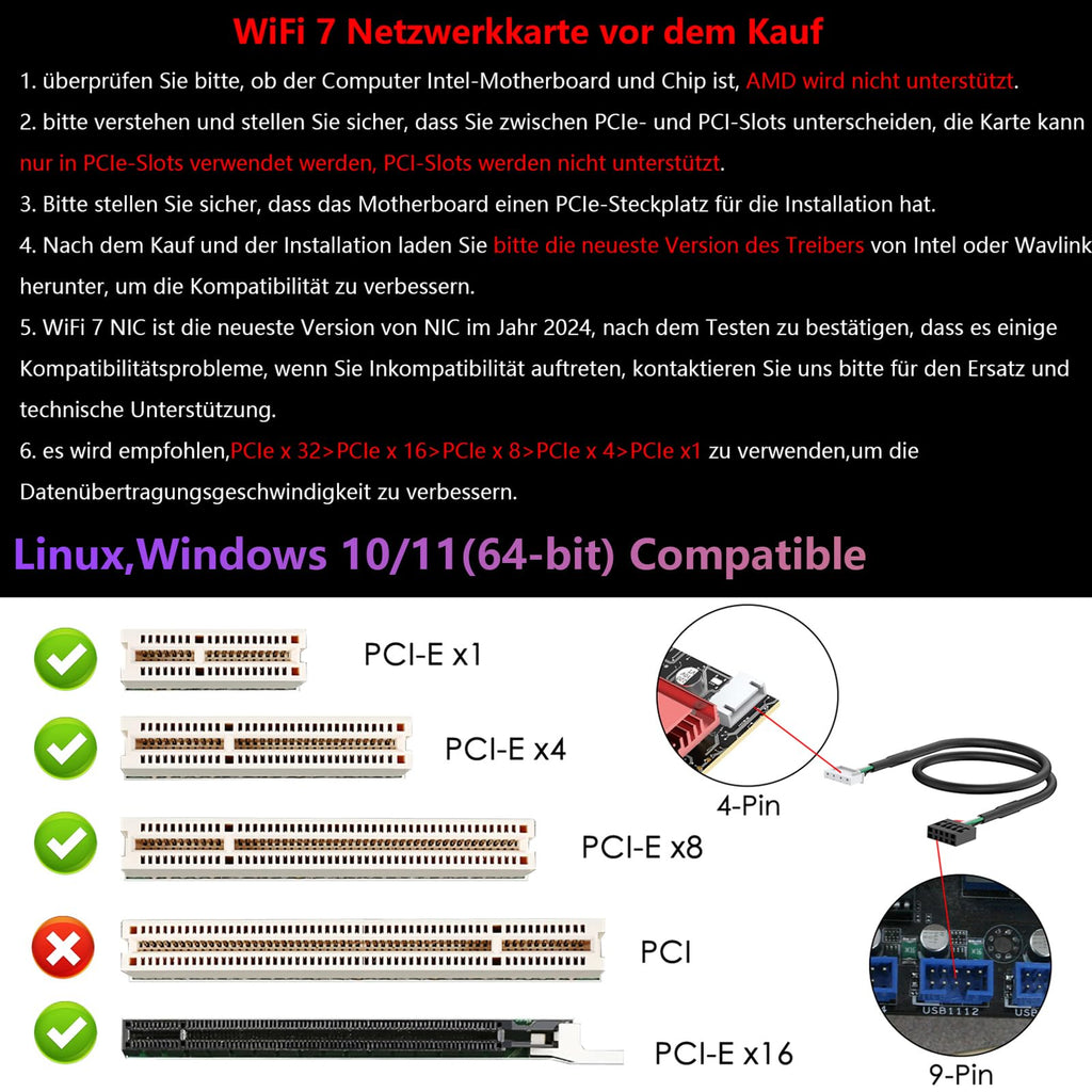 WAVLINK WiFi 7 PCIe Card BE8800 for Desktop PC, Tri-Band BE200 Wireless Adapter with Bluetooth 5.4, MU-MIMO, WPA3, for Windows 10/11 (64bit), Does Not Support AMD Motherboards 