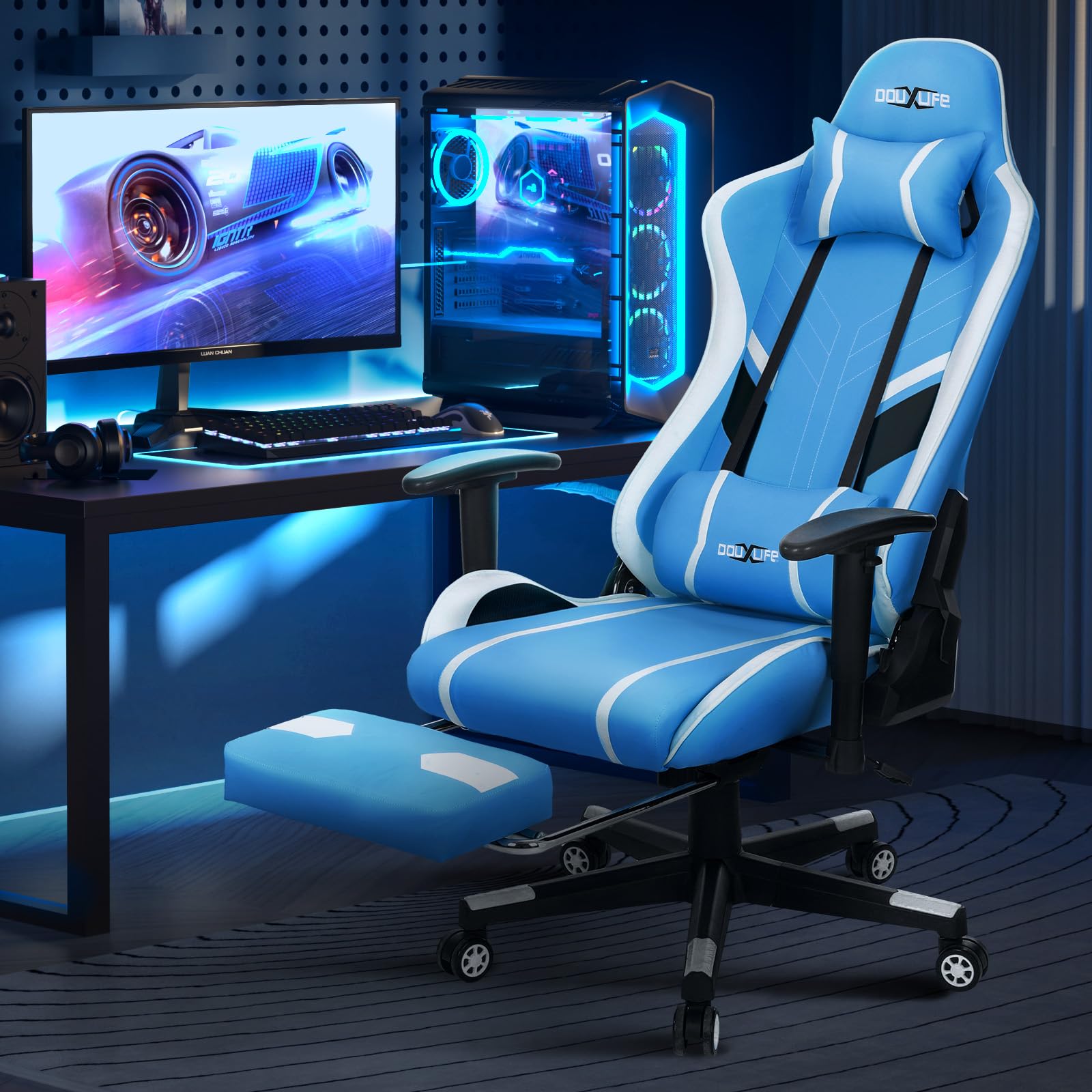 Douxlife Gaming Chair, with 7-Point Massage, Footrest, Ergonomic 180KG Office Chair, 90-175° Backrest Adjustable, Adjustable Armrest, Desk Chair for Adults, Black and White 