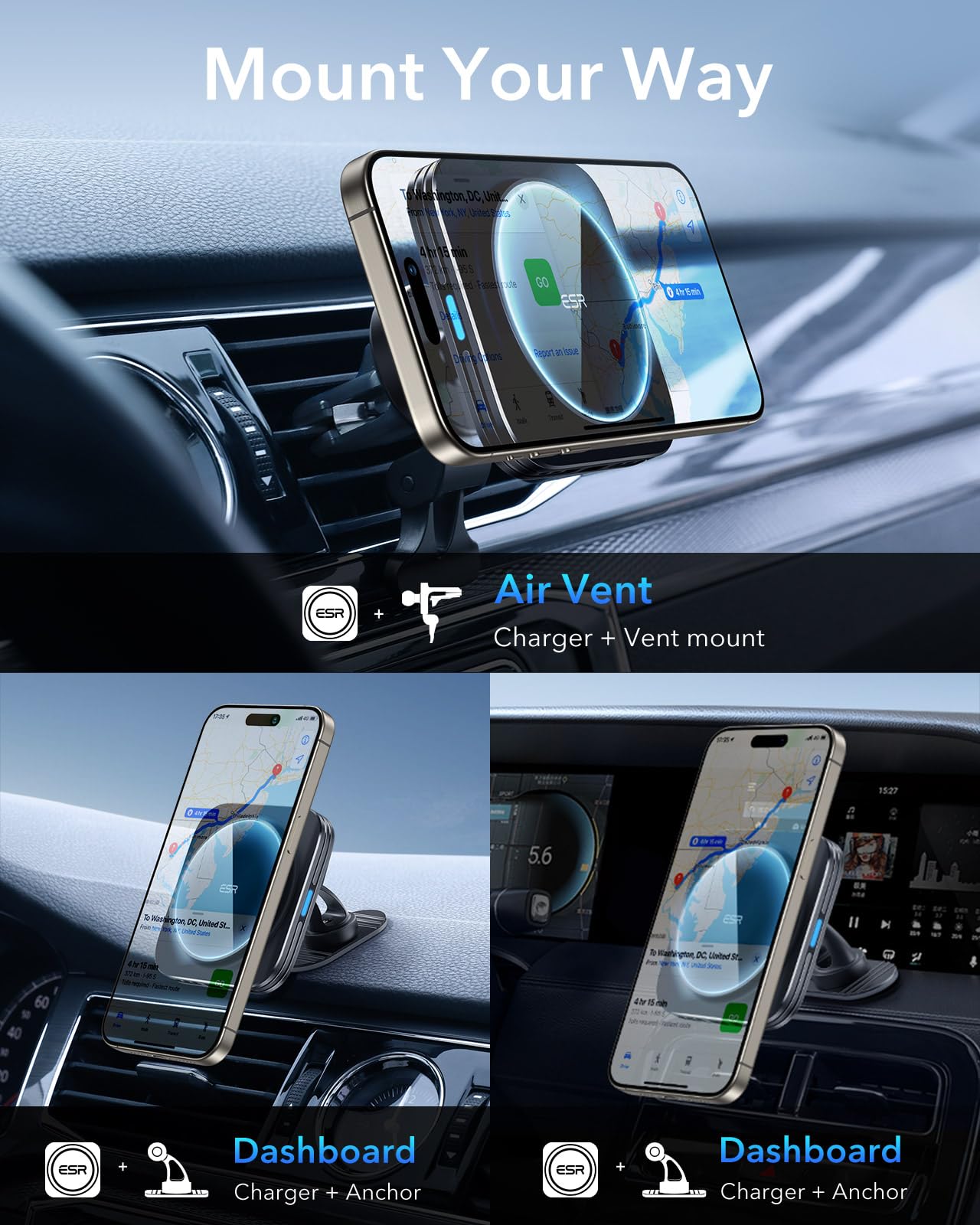 ESR 15W for Magsafe Car Mount with Charging Function, Cell Phone Holder Car Charger, Magnetic Wireless Phone Holder Car with Charging Function for iPhone 16/15/14/13/12 Series, Galaxy S25 Series, Fast Charging 