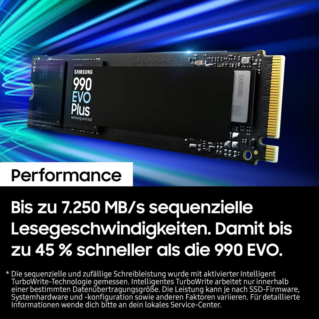Samsung 990 EVO Plus NVMe M.2 SSD 1 TB, PCIe 4.0 x4 / PCIe 5.0 x2, NVMe 2.0 (2280), 7,150 MB/s Read, 6,300 MB/s Write, Internal SSD for Gaming and Graphics Editing, MZ-V9S1T0BW 