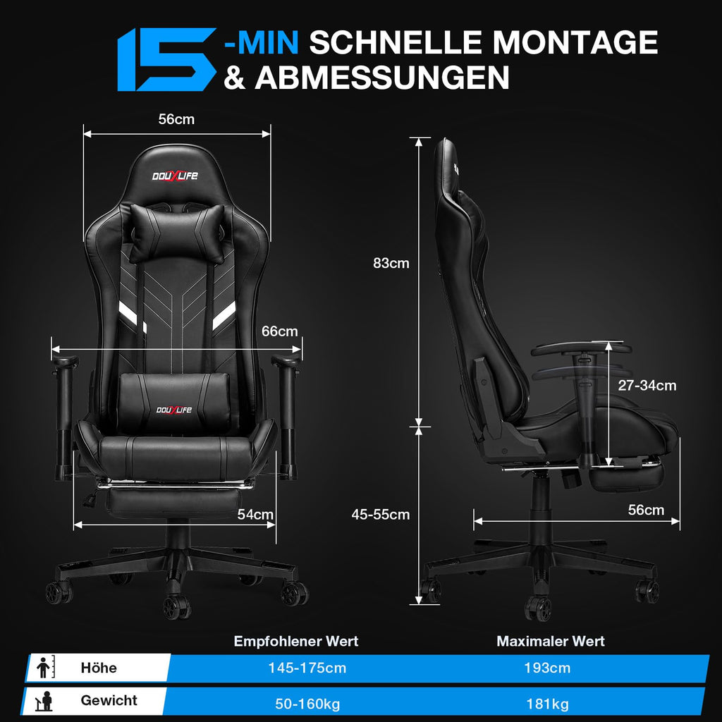 Douxlife Gaming Chair, with 7-Point Massage, Footrest, Ergonomic 180KG Office Chair, 90-175° Backrest Adjustable, Adjustable Armrest, Desk Chair for Adults, Black and White 