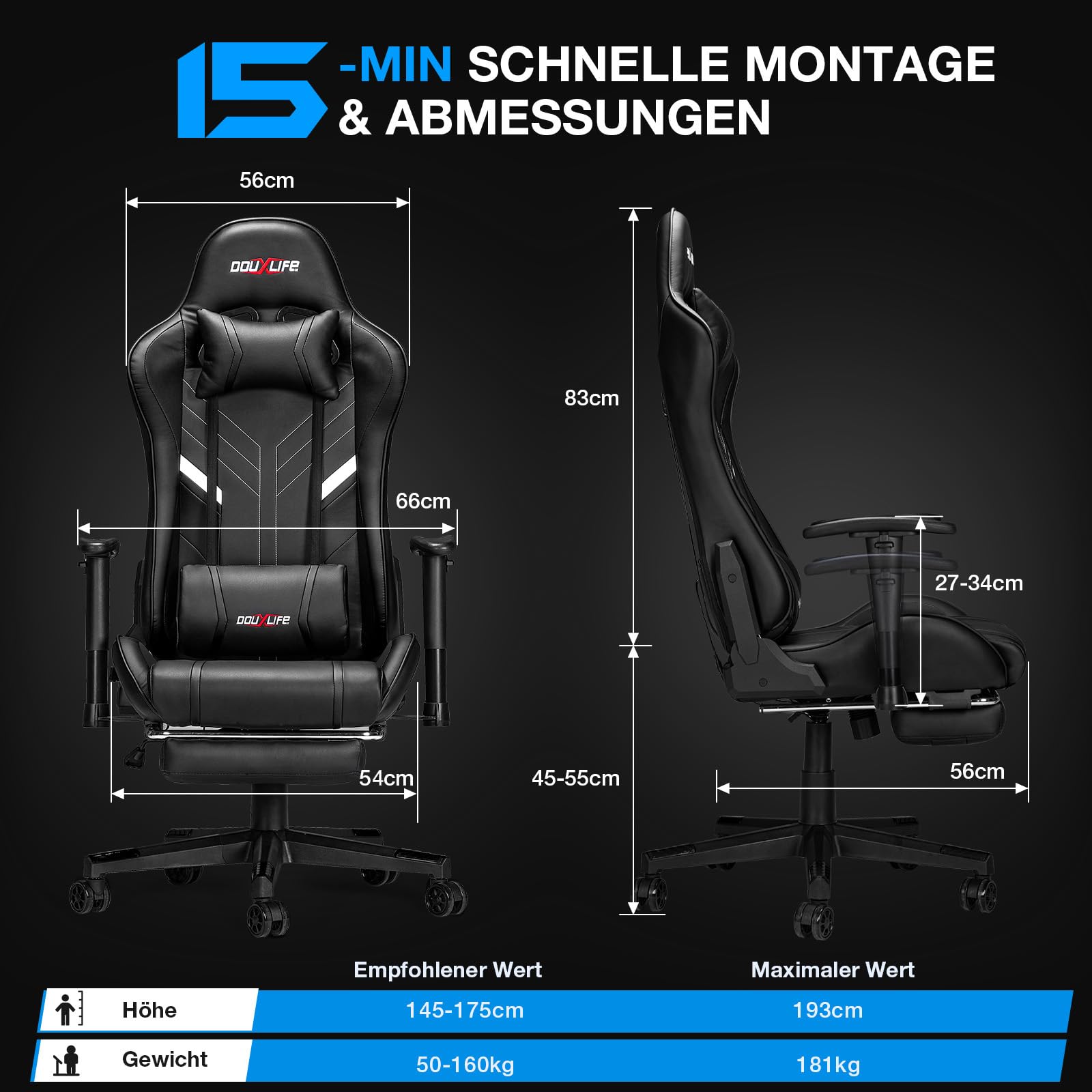 Douxlife Gaming Chair, with 7-Point Massage, Footrest, Ergonomic 180KG Office Chair, 90-175° Backrest Adjustable, Adjustable Armrest, Desk Chair for Adults, Black and White 