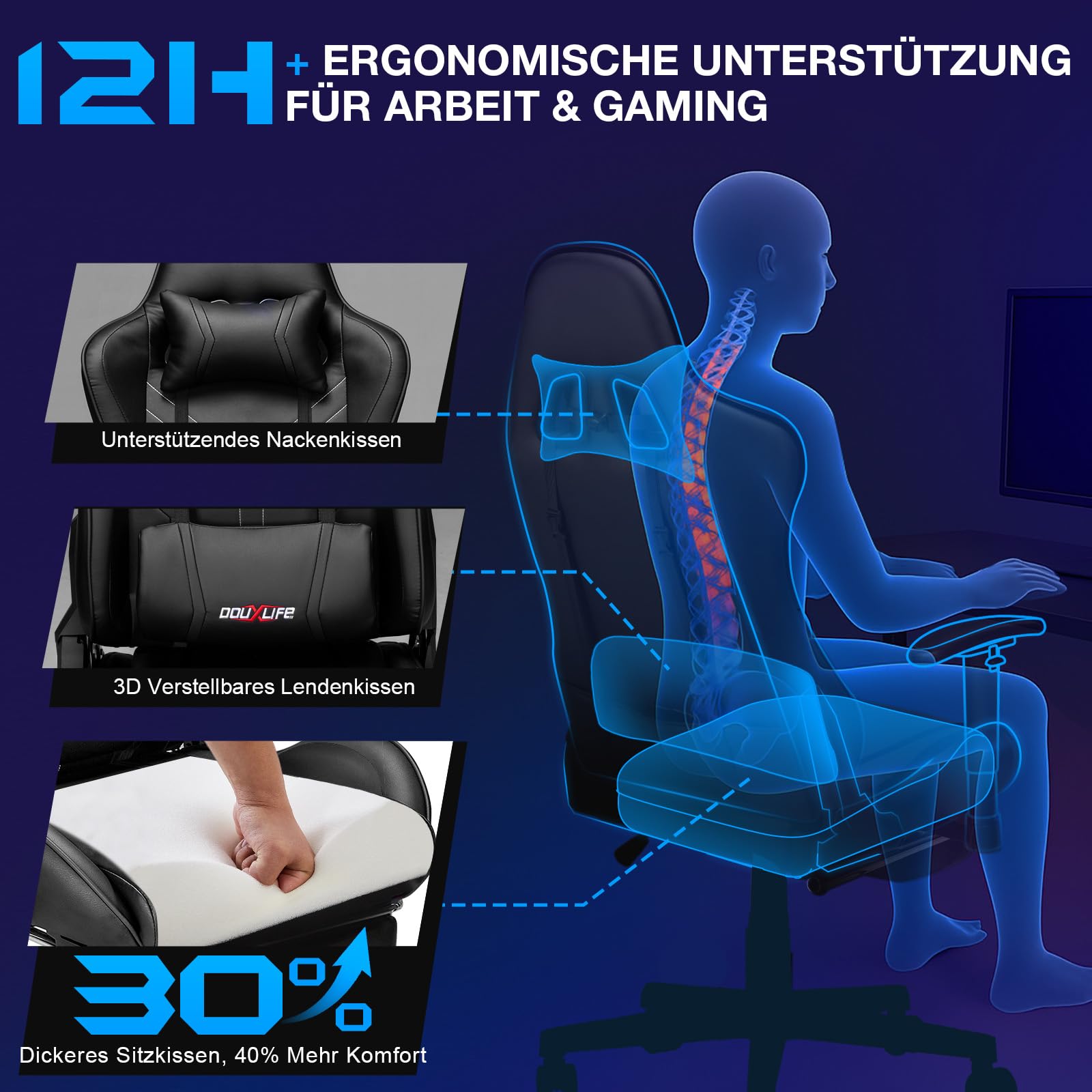Douxlife Gaming Chair, with 7-Point Massage, Footrest, Ergonomic 180KG Office Chair, 90-175° Backrest Adjustable, Adjustable Armrest, Desk Chair for Adults, Black and White 