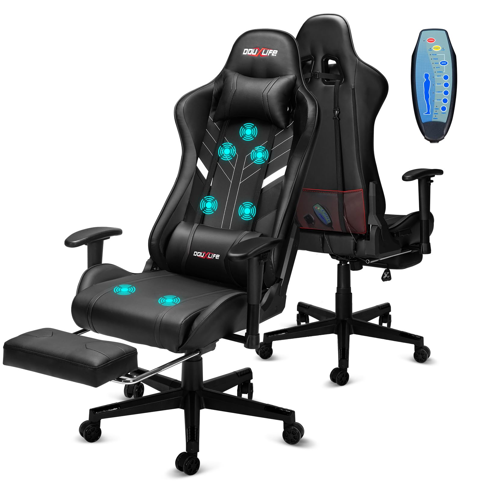 Douxlife Gaming Chair, with 7-Point Massage, Footrest, Ergonomic 180KG Office Chair, 90-175° Backrest Adjustable, Adjustable Armrest, Desk Chair for Adults, Black and White 