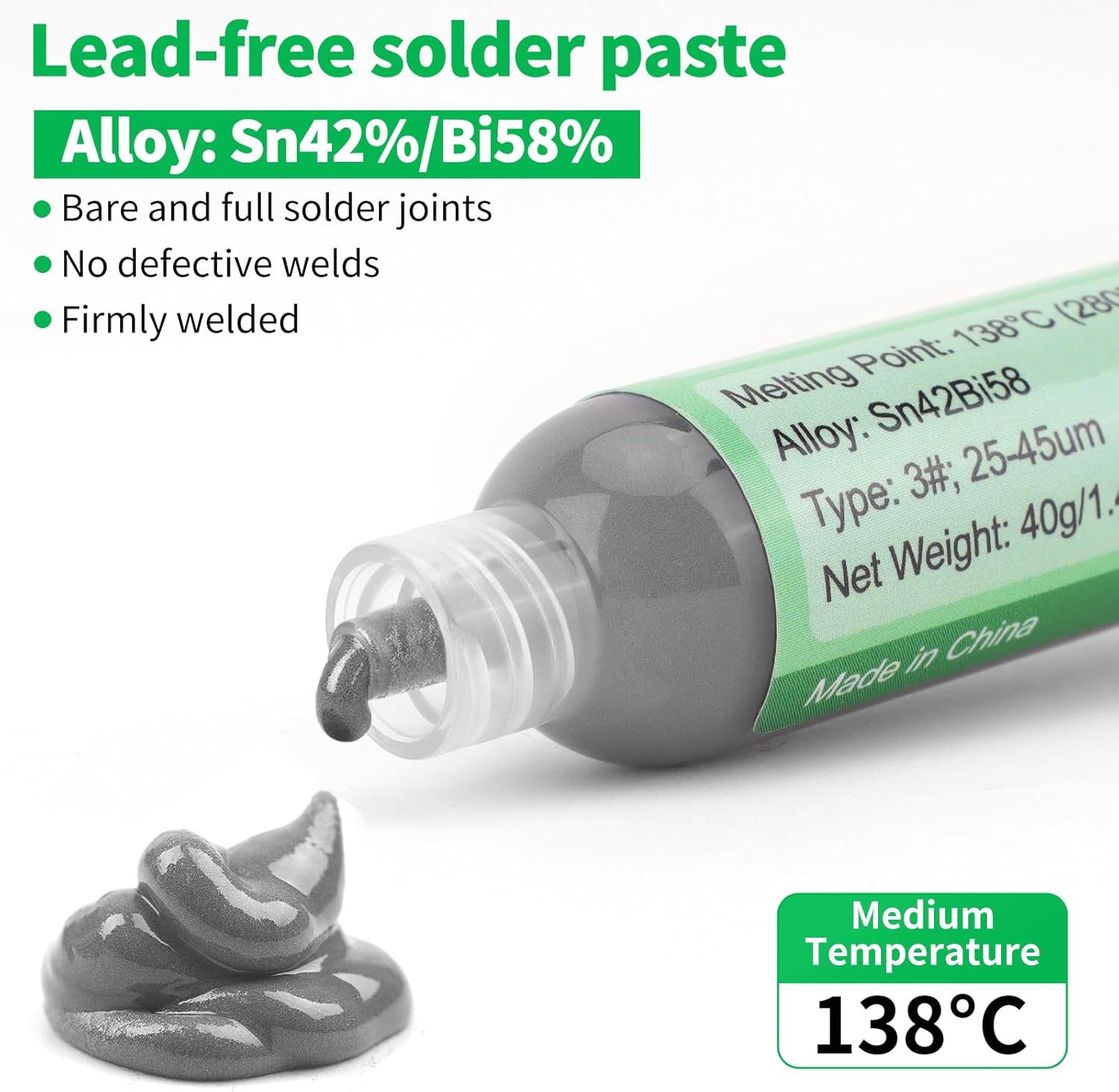 Gruiqrd Syringe Solder Paste Flux Sn42 Bi58, Lead-Free Solder Paste, Soldering Flux Tin Paste, Low Temperature Solder Paste 138 Degrees, for BGA LED SMD SMT Solder (1.41oz/40g) 