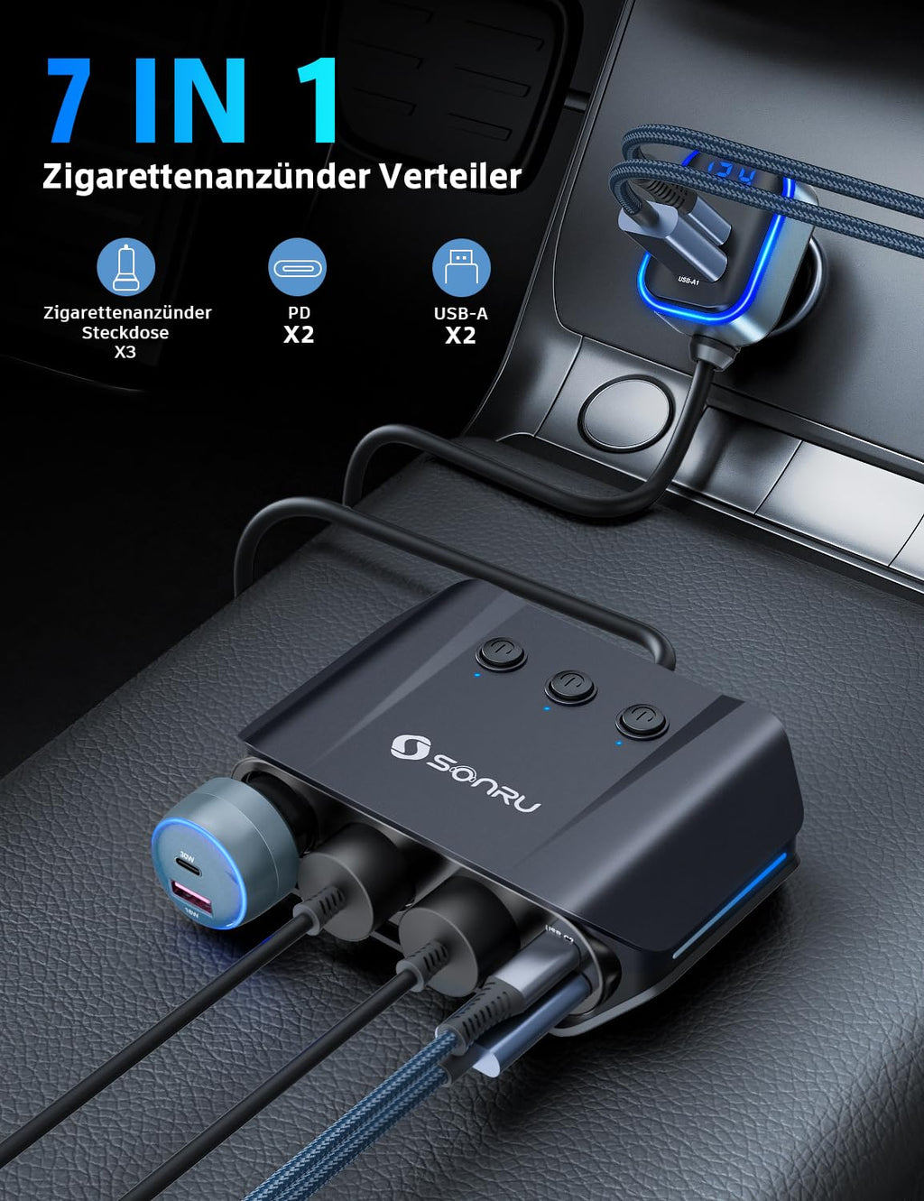Cigarette lighter distributor 7 in 1, SONRU 180W car charger adapter 12V/24V plug 3-way LED voltmeter with separate switch, quick charger 3 sockets 4 USB ports 