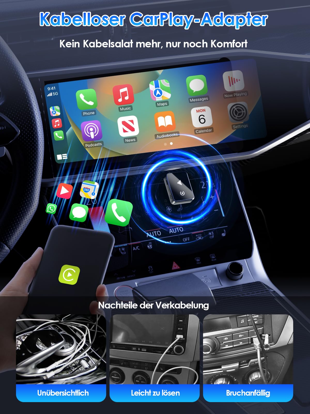 Wireless Adapter 2-in-1 for CarPlay/Android Auto, PARPAT Conversion from Wired to Wireless with USB/Type-C, Stable Connection and No Lag, Compatible with iPhone/Android 