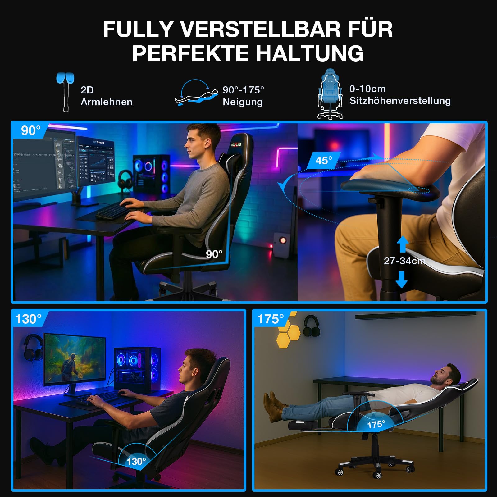 Douxlife Gaming Chair, with 7-Point Massage, Footrest, Ergonomic 180KG Office Chair, 90-175° Backrest Adjustable, Adjustable Armrest, Desk Chair for Adults, Black and White 