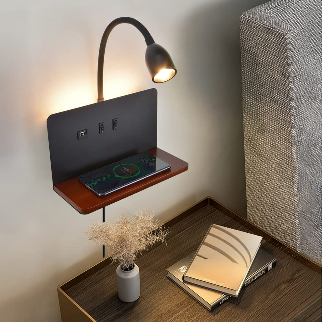 White LED indoor wall light with plug, bedroom wall lamp with USB ports and 10W wireless charger, adjustable and flexible gooseneck reading lamp, 3000K bedside lamp with backlight 