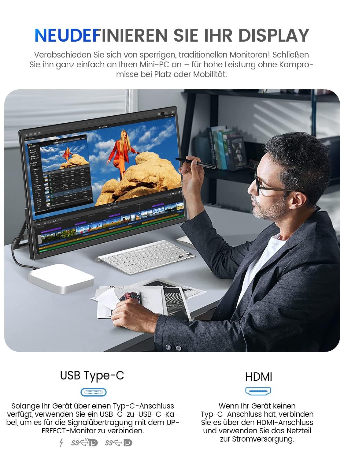 UPERFECT Portable Monitor Touchscreen 21.5 inch 120Hz Portable Monitor Touchscreen 1300:1 1080P Screen Integrated Mount HDMI USB C for PC Laptop Game Console, Metal Case VESA Compatible 