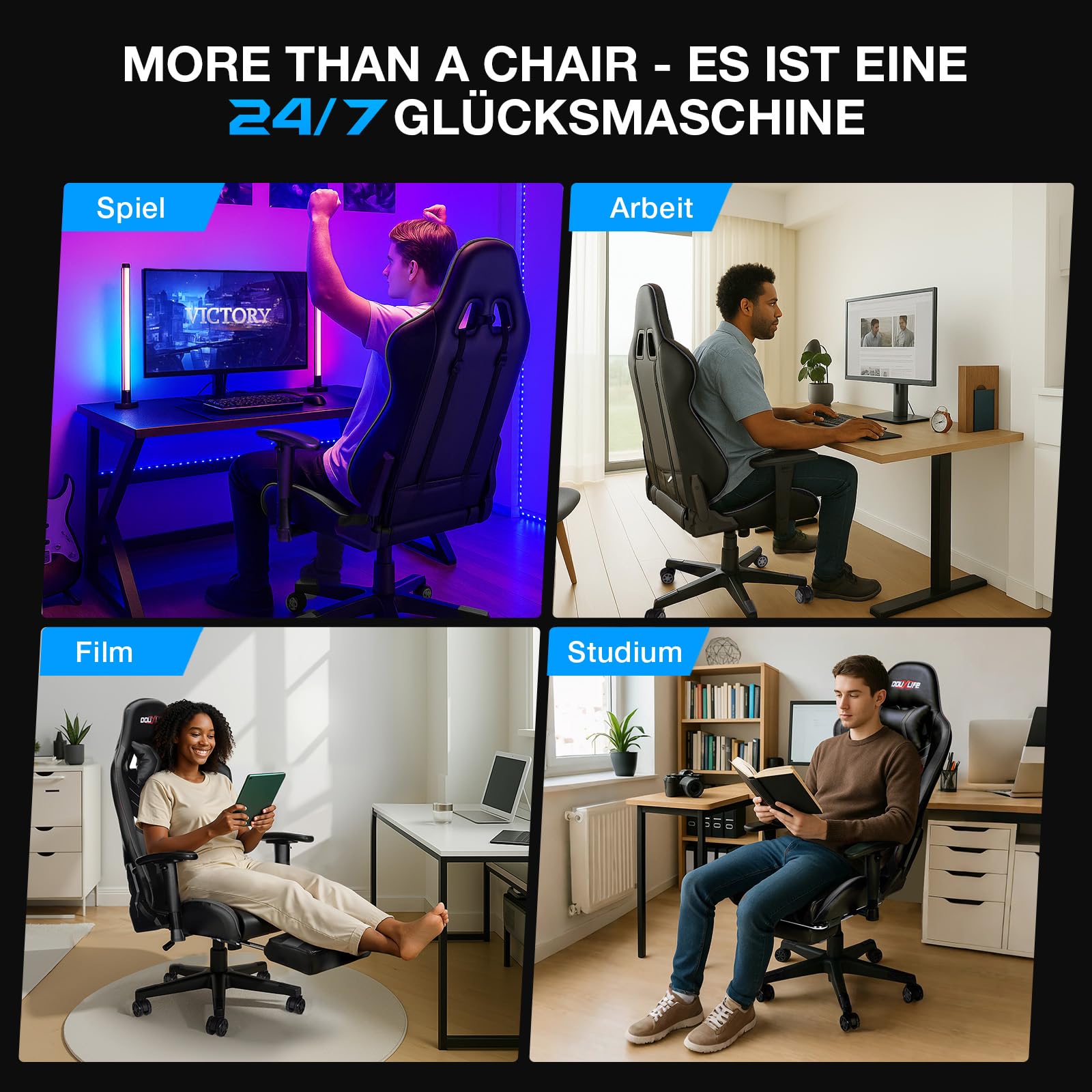 Douxlife Gaming Chair, with 7-Point Massage, Footrest, Ergonomic 180KG Office Chair, 90-175° Backrest Adjustable, Adjustable Armrest, Desk Chair for Adults, Black and White 