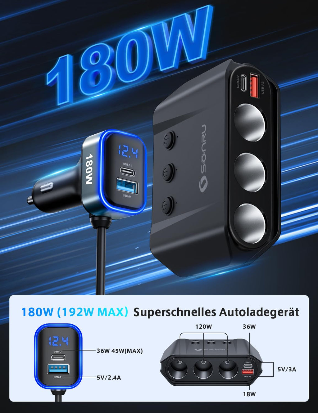 Cigarette lighter distributor 7 in 1, SONRU 180W car charger adapter 12V/24V plug 3-way LED voltmeter with separate switch, quick charger 3 sockets 4 USB ports 