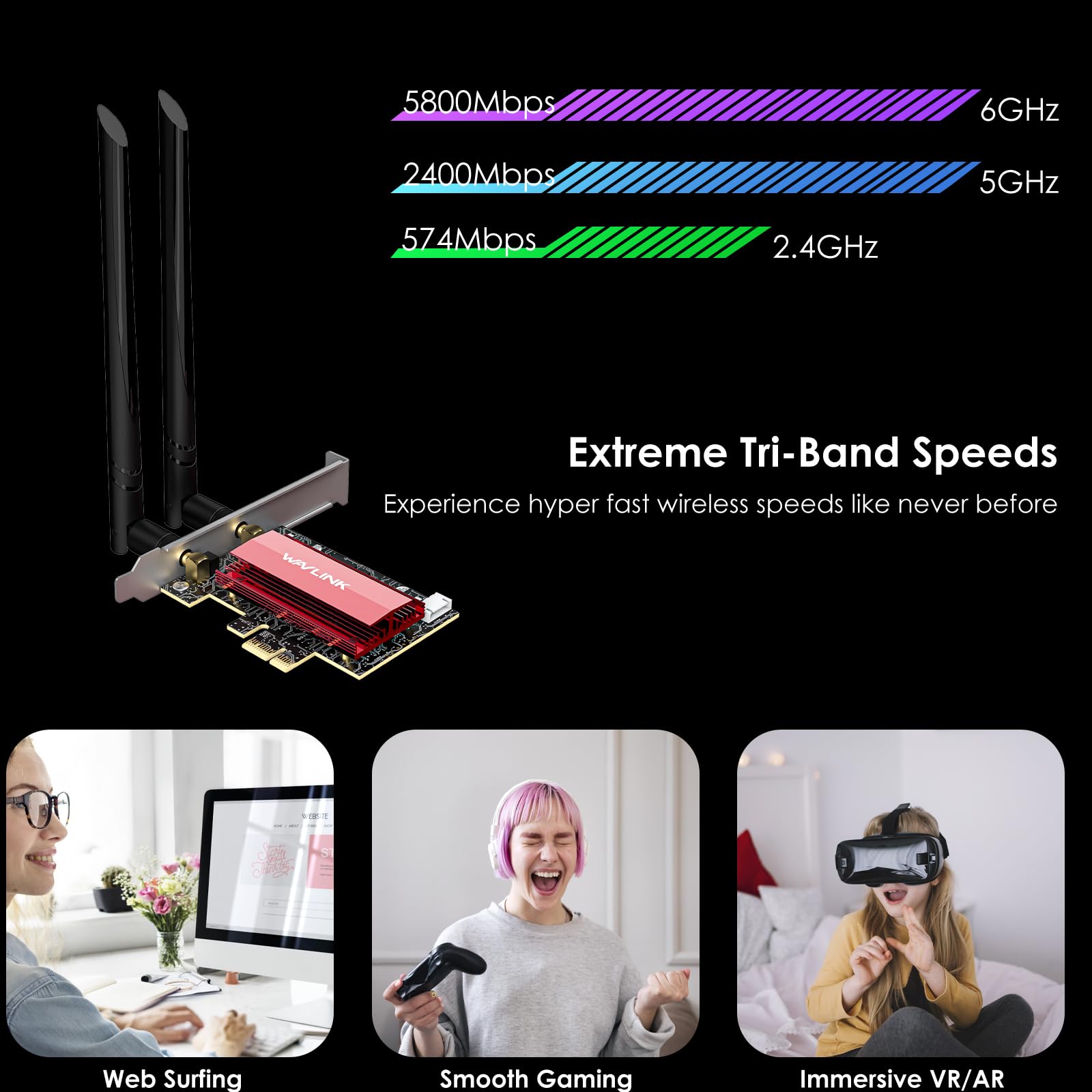WAVLINK WiFi 7 PCIe Card BE8800 for Desktop PC, Tri-Band BE200 Wireless Adapter with Bluetooth 5.4, MU-MIMO, WPA3, for Windows 10/11 (64bit), Does Not Support AMD Motherboards 