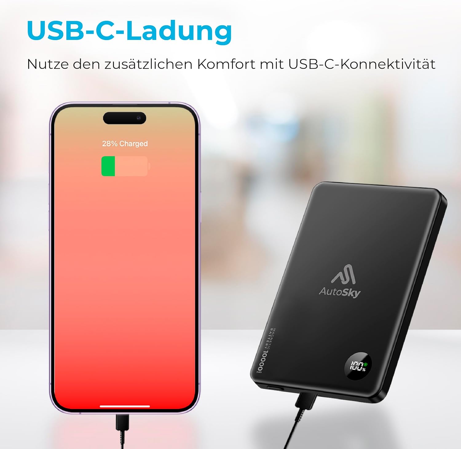 AutoSky Magnetic Power Bank 10,000 mAh | Wireless &amp; USB-C | LED Display (APB-200) 