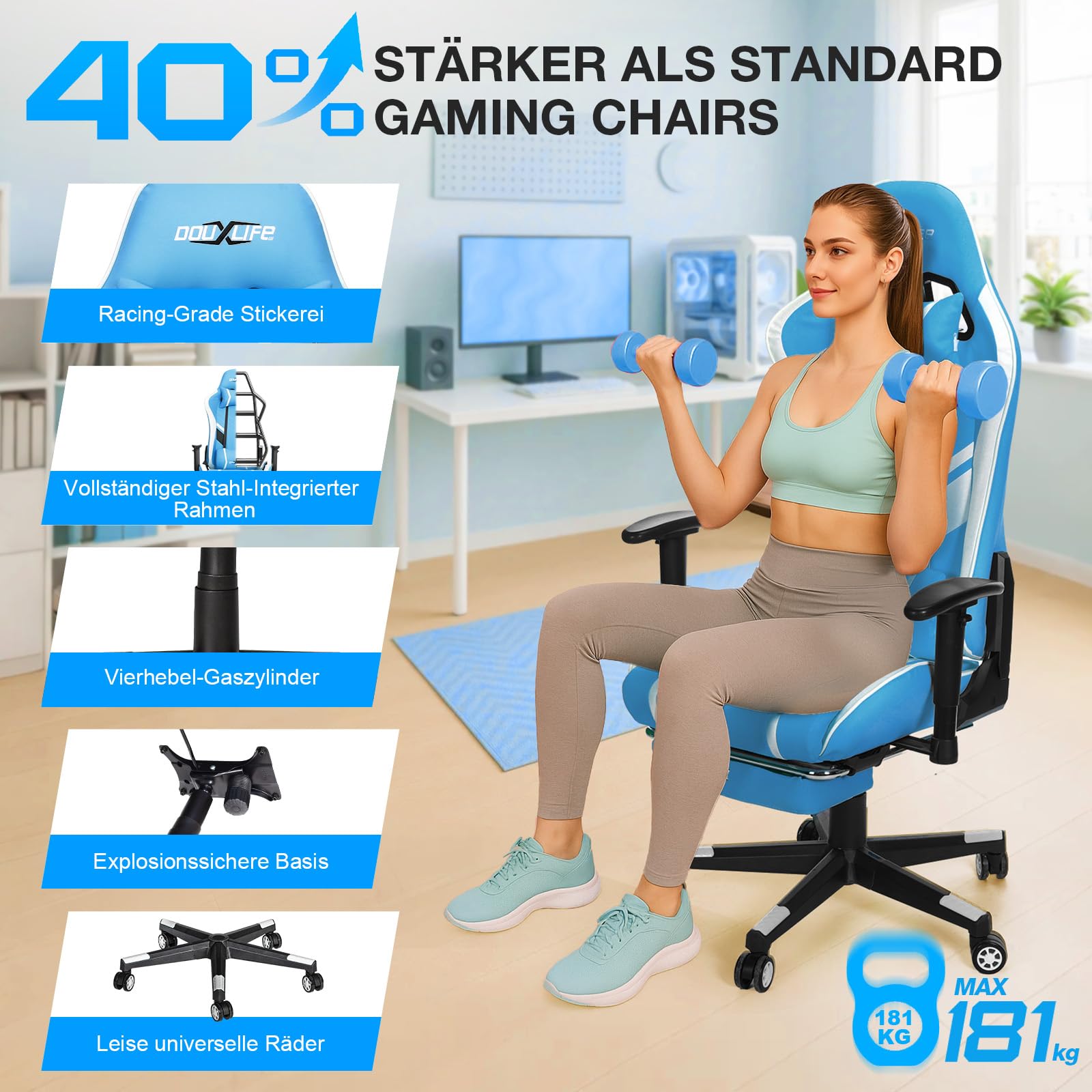 Douxlife Gaming Chair, with 7-Point Massage, Footrest, Ergonomic 180KG Office Chair, 90-175° Backrest Adjustable, Adjustable Armrest, Desk Chair for Adults, Black and White 
