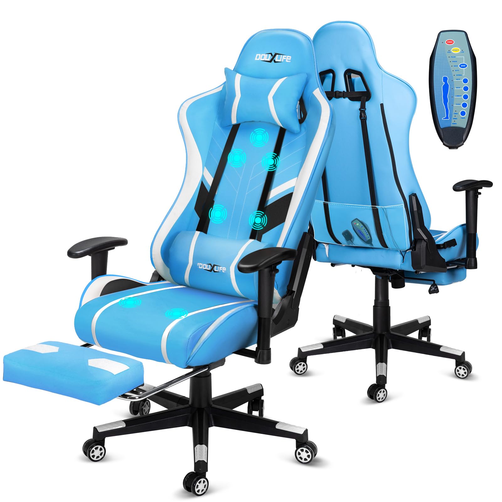 Douxlife Gaming Chair, with 7-Point Massage, Footrest, Ergonomic 180KG Office Chair, 90-175° Backrest Adjustable, Adjustable Armrest, Desk Chair for Adults, Black and White 