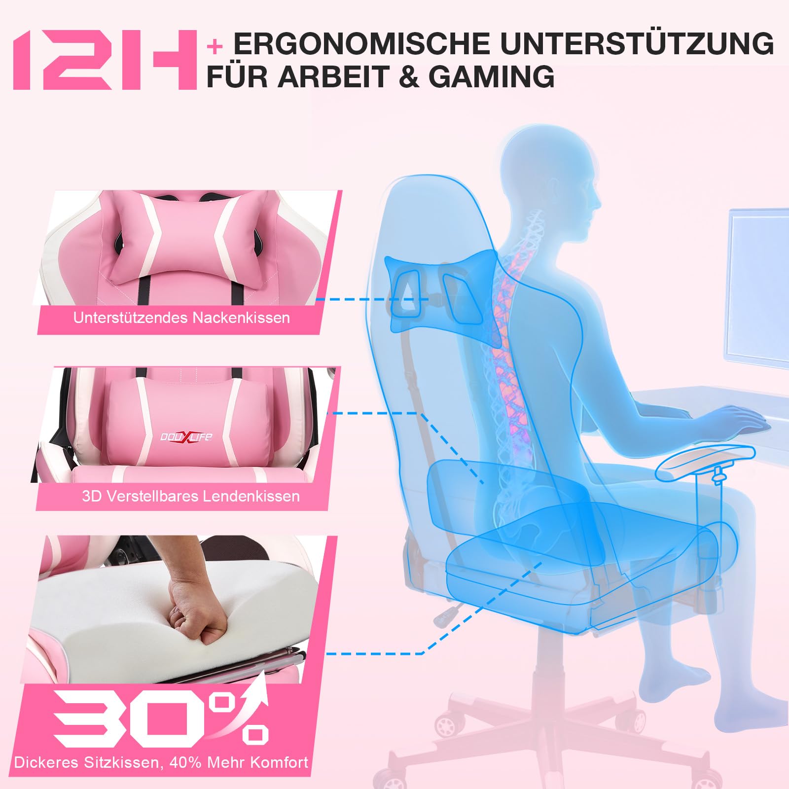 Douxlife Gaming Chair, with 7-Point Massage, Footrest, Ergonomic 180KG Office Chair, 90-175° Backrest Adjustable, Adjustable Armrest, Desk Chair for Adults, Black and White 