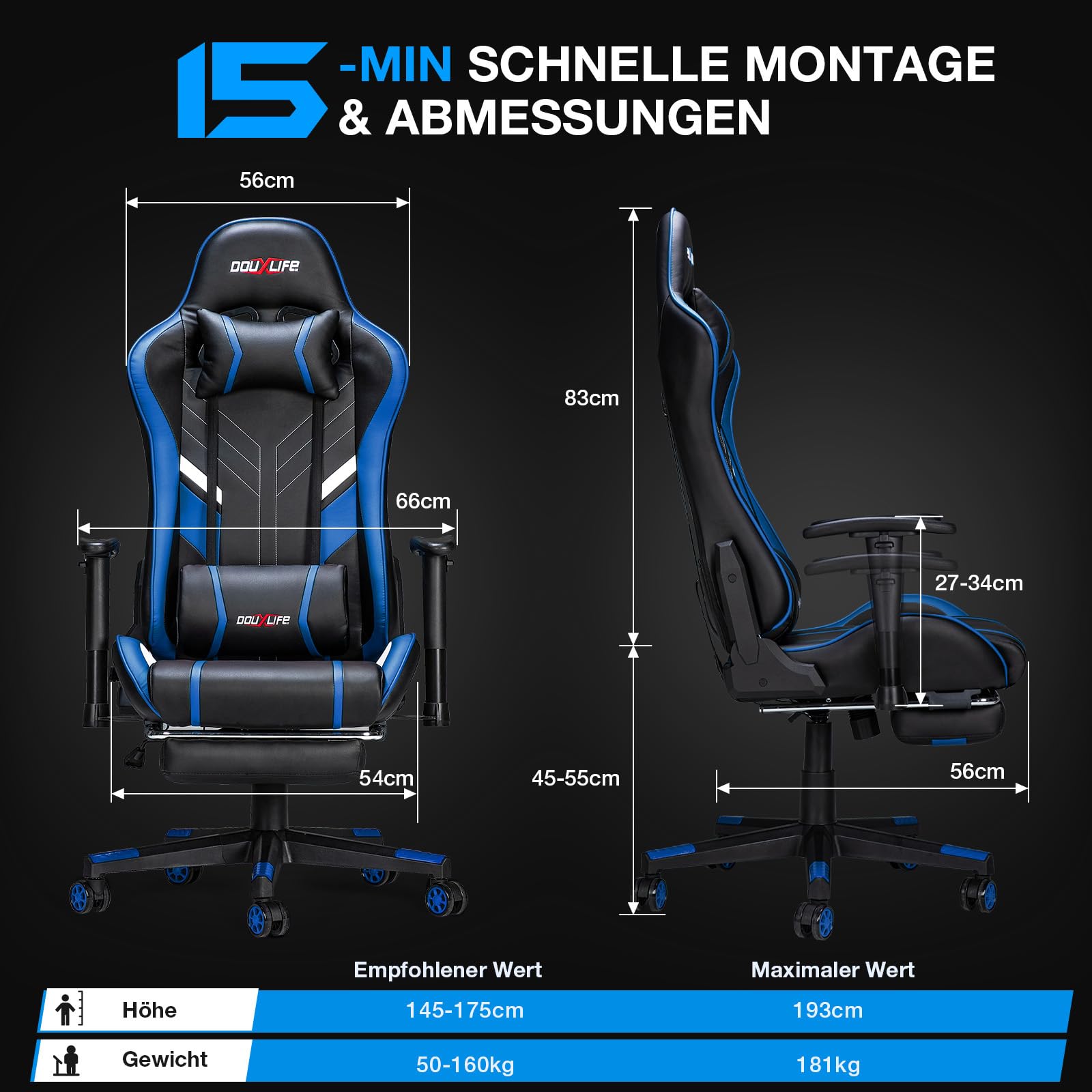 Douxlife Gaming Chair, with 7-Point Massage, Footrest, Ergonomic 180KG Office Chair, 90-175° Backrest Adjustable, Adjustable Armrest, Desk Chair for Adults, Black and White 