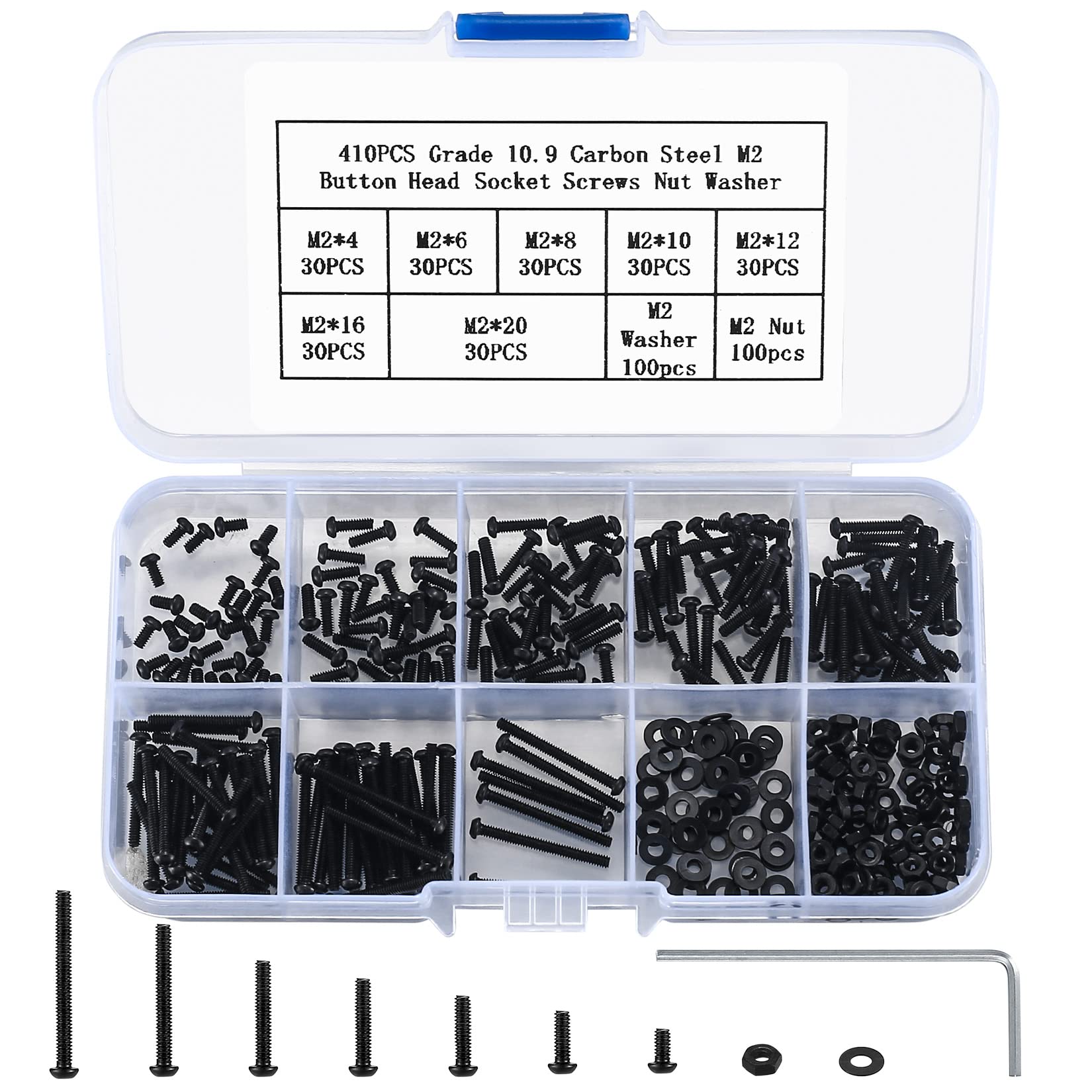 410pcs M2 Countersunk Head Hex Socket Screws, 10.9 Carbon Steel Full Thread Machine Screws, Nuts and Washers Assortment with Allen Keys 