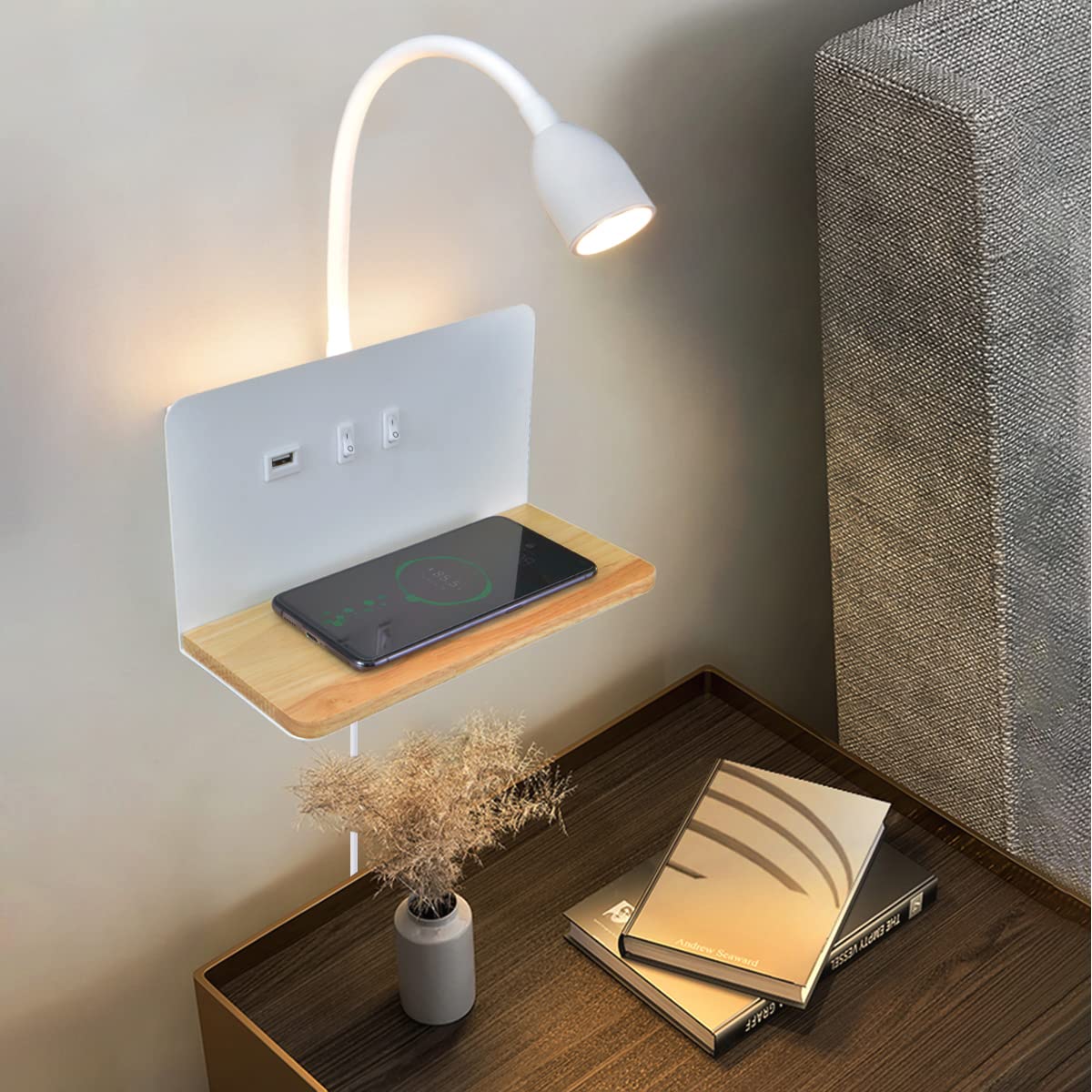 White LED indoor wall light with plug, bedroom wall lamp with USB ports and 10W wireless charger, adjustable and flexible gooseneck reading lamp, 3000K bedside lamp with backlight 