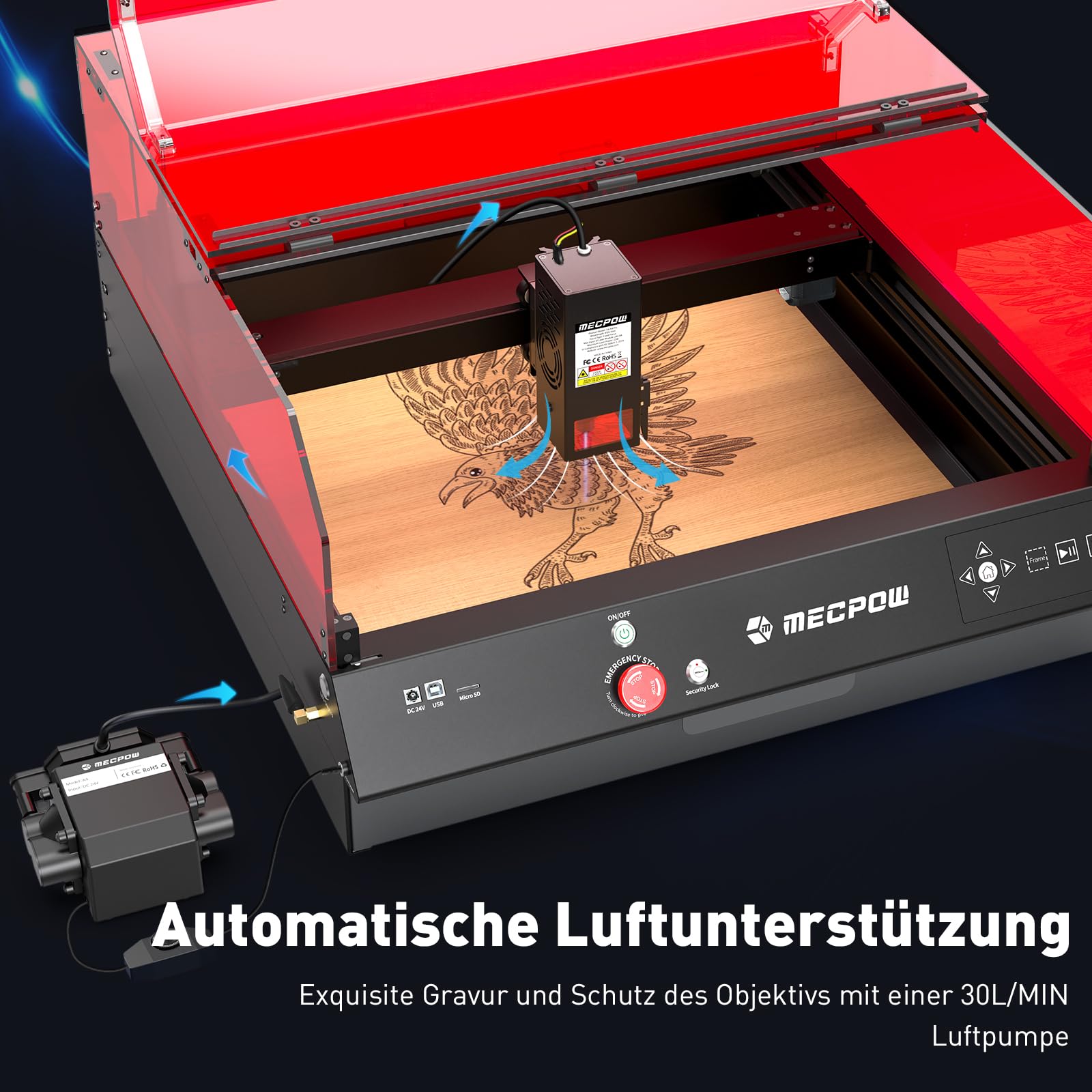Mecpow X3 Pro Laser Engraving Machine with Air Assistance, 10W Engraving Machine Laser Cutter for Wood and Metal, 60W CNC Milling Machine with Emergency Stop, Flame and Gyro Detection, 410 x 400mm Area 