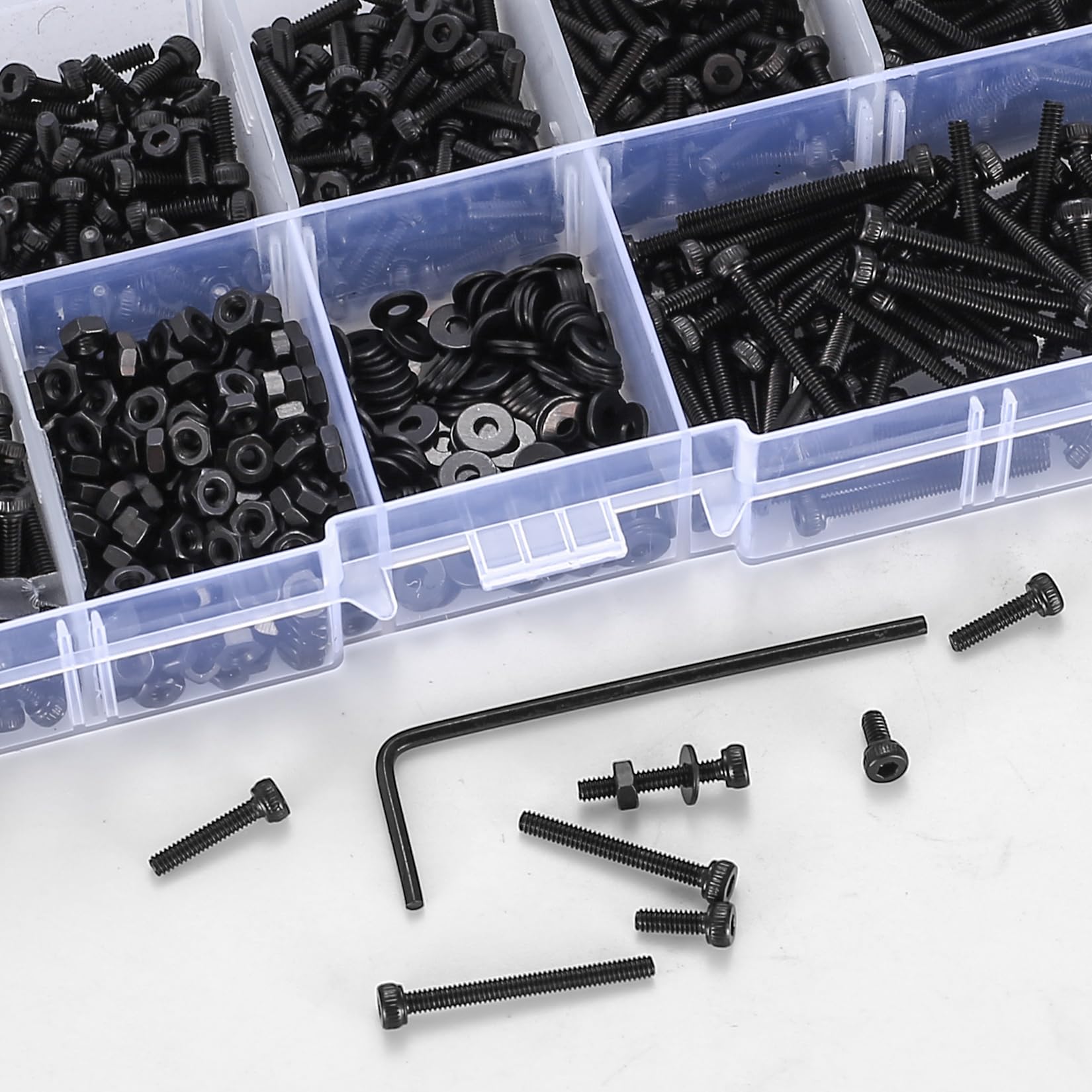 410pcs M2 Countersunk Head Hex Socket Screws, 10.9 Carbon Steel Full Thread Machine Screws, Nuts and Washers Assortment with Allen Keys 