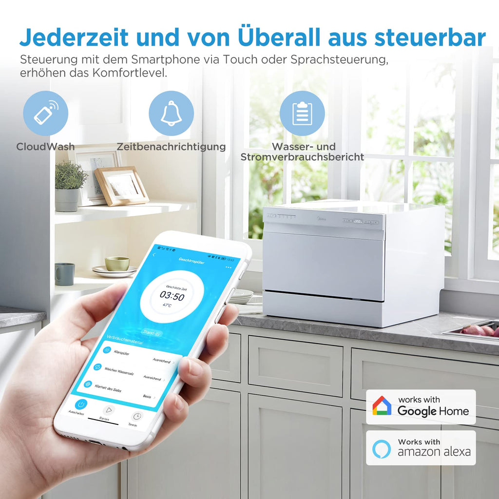 Midea ST 3.6F wi Countertop Dishwasher, 6 Wash Programs, Delay Start, Extra Drying Function, IOT Control, Mini Dishwasher, Ideal for Small Apartments, White 