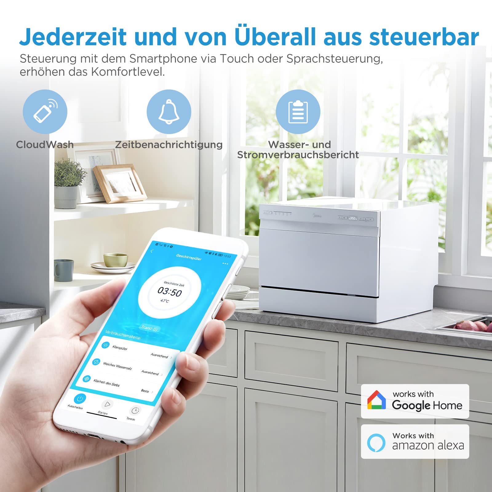 Midea ST 3.6F wi Countertop Dishwasher, 6 Wash Programs, Delay Start, Extra Drying Function, IOT Control, Mini Dishwasher, Ideal for Small Apartments, White 