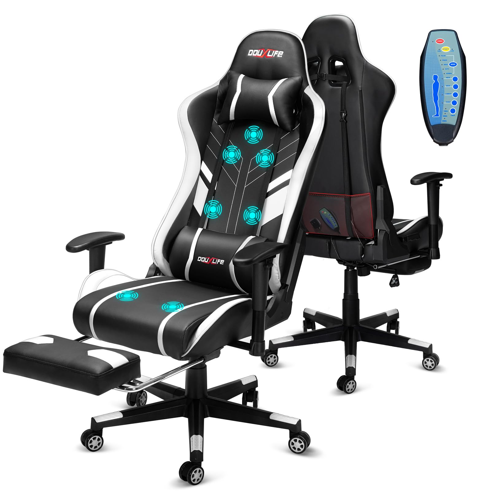 Douxlife Gaming Chair, with 7-Point Massage, Footrest, Ergonomic 180KG Office Chair, 90-175° Backrest Adjustable, Adjustable Armrest, Desk Chair for Adults, Black and White 