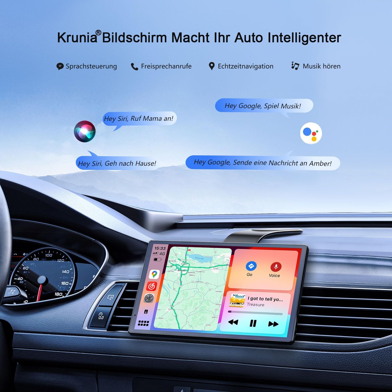 Krunia 8'' Portable Carplay Display for Apple CarPlay &amp; Android Auto, 1440x900 HD Display, Magnetic Mount, OTA Updates, Rear View Camera, Bluetooth, Voice Control, GPS Navigation 