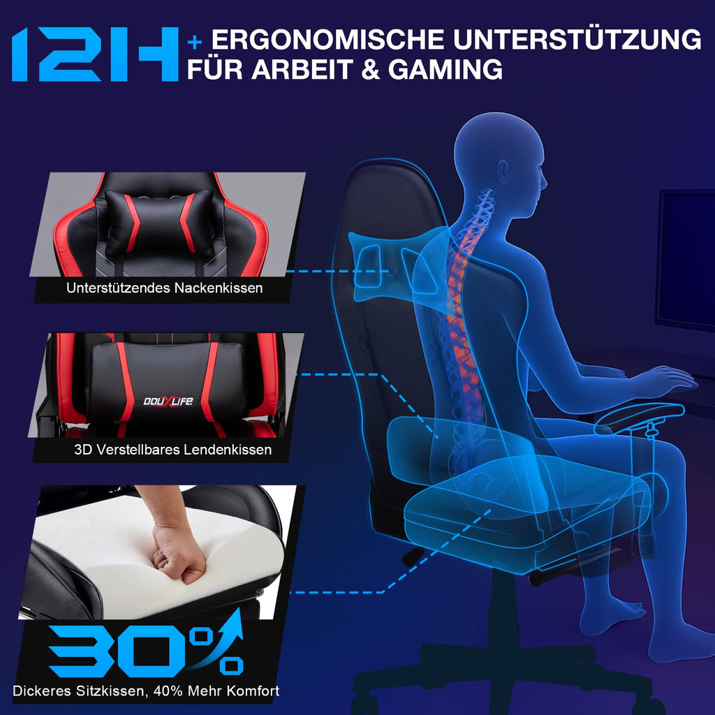 Douxlife Gaming Chair, with 7-Point Massage, Footrest, Ergonomic 180KG Office Chair, 90-175° Backrest Adjustable, Adjustable Armrest, Desk Chair for Adults, Black and White 