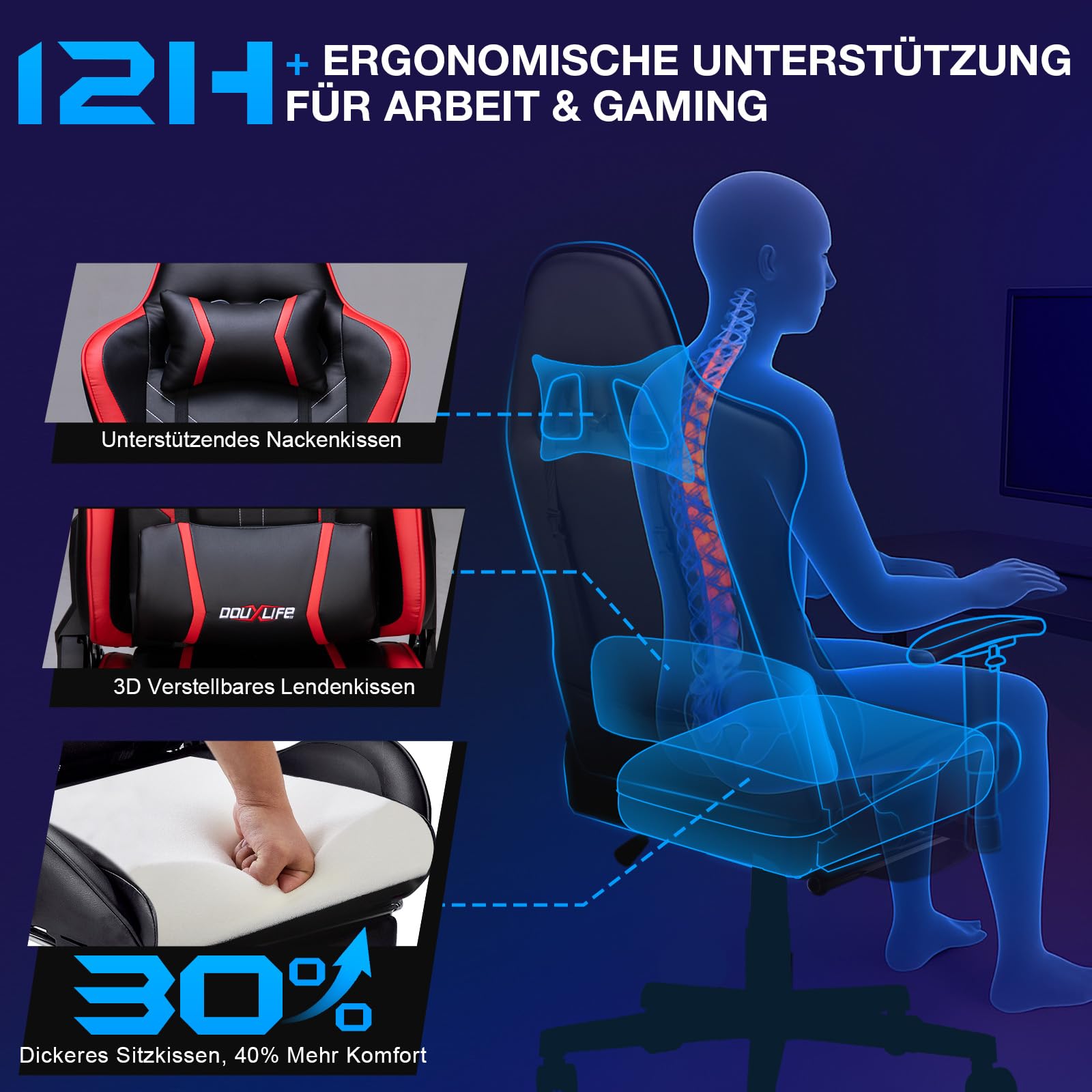 Douxlife Gaming Chair, with 7-Point Massage, Footrest, Ergonomic 180KG Office Chair, 90-175° Backrest Adjustable, Adjustable Armrest, Desk Chair for Adults, Black and White 