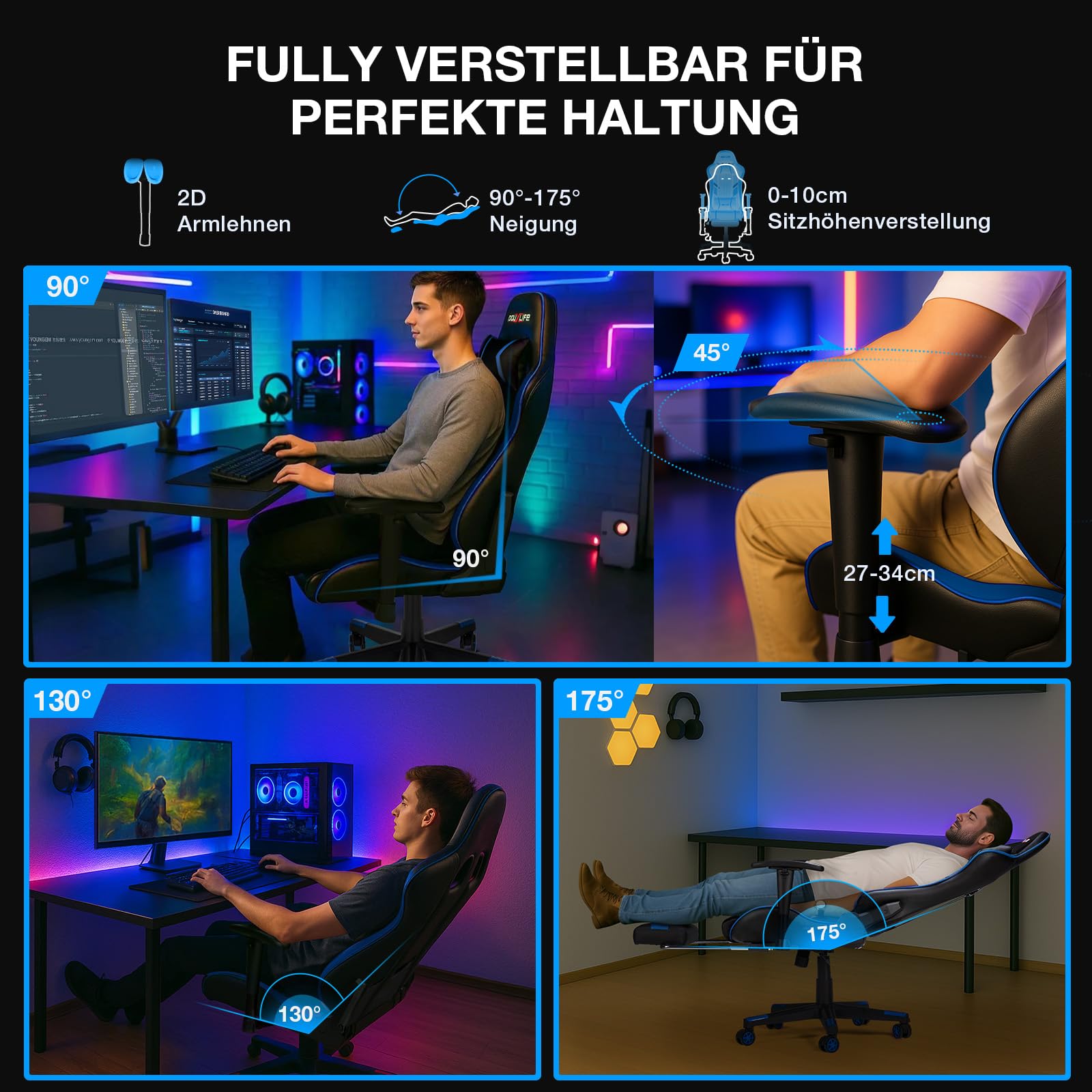 Douxlife Gaming Chair, with 7-Point Massage, Footrest, Ergonomic 180KG Office Chair, 90-175° Backrest Adjustable, Adjustable Armrest, Desk Chair for Adults, Black and White 