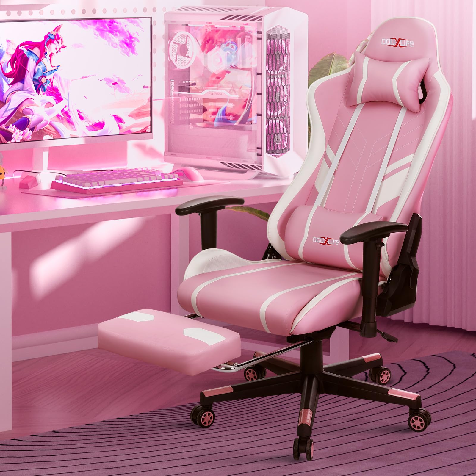 Douxlife Gaming Chair, with 7-Point Massage, Footrest, Ergonomic 180KG Office Chair, 90-175° Backrest Adjustable, Adjustable Armrest, Desk Chair for Adults, Black and White 