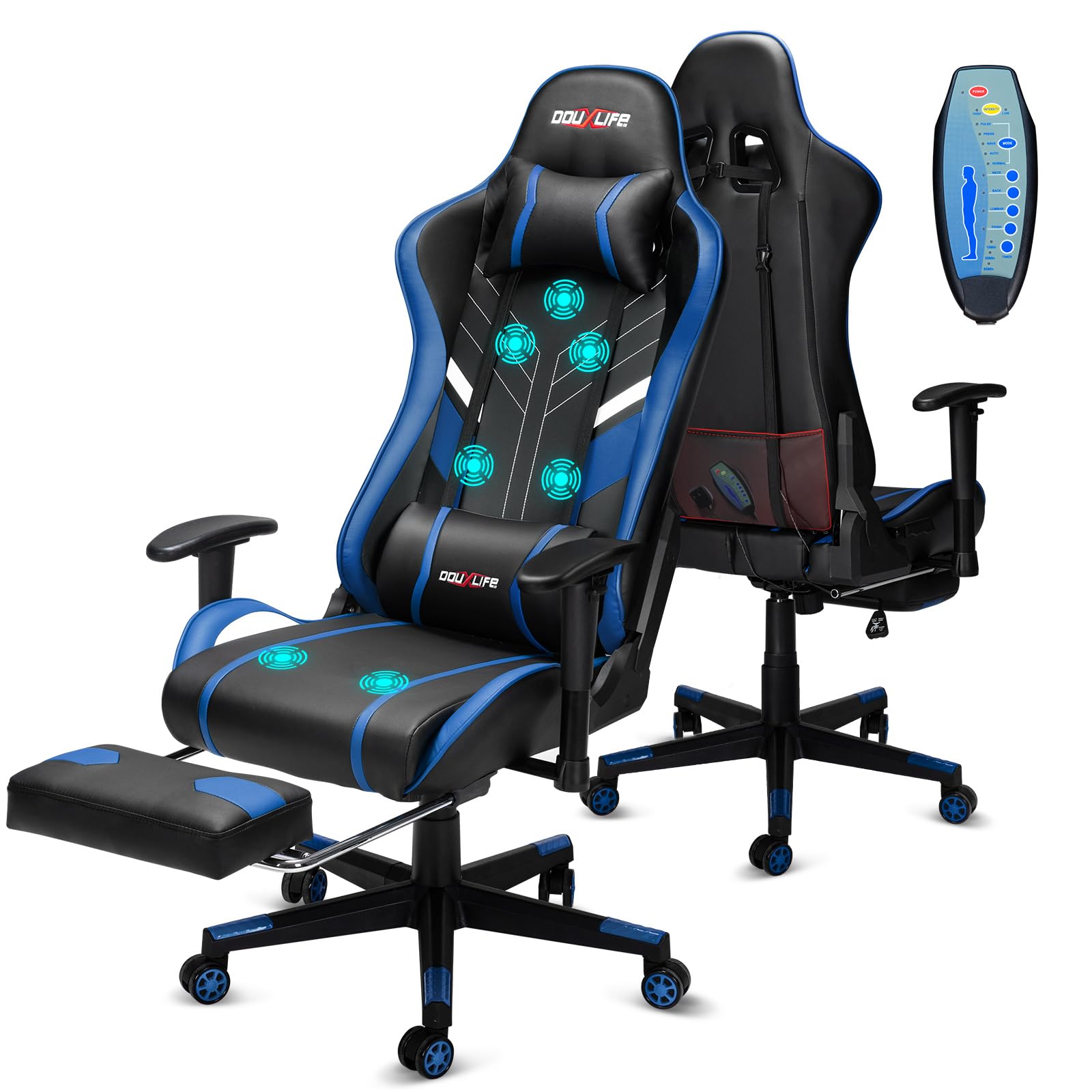 Douxlife Gaming Chair, with 7-Point Massage, Footrest, Ergonomic 180KG Office Chair, 90-175° Backrest Adjustable, Adjustable Armrest, Desk Chair for Adults, Black and White 