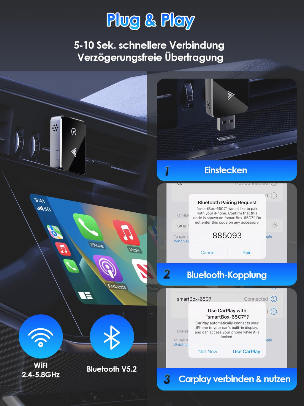 Wireless Adapter 2-in-1 for CarPlay/Android Auto, PARPAT Conversion from Wired to Wireless with USB/Type-C, Stable Connection and No Lag, Compatible with iPhone/Android 