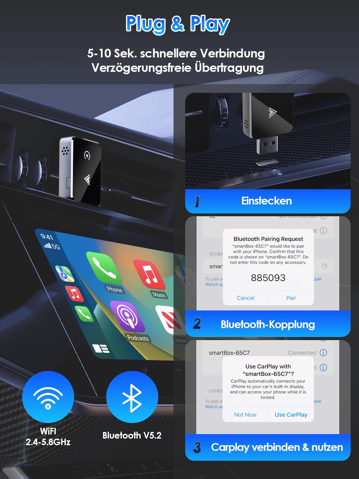 Wireless Adapter 2-in-1 for CarPlay/Android Auto, PARPAT Conversion from Wired to Wireless with USB/Type-C, Stable Connection and No Lag, Compatible with iPhone/Android 
