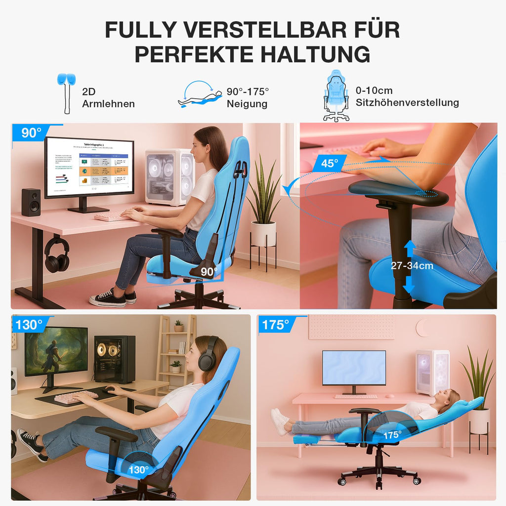 Douxlife Gaming Chair, with 7-Point Massage, Footrest, Ergonomic 180KG Office Chair, 90-175° Backrest Adjustable, Adjustable Armrest, Desk Chair for Adults, Black and White 