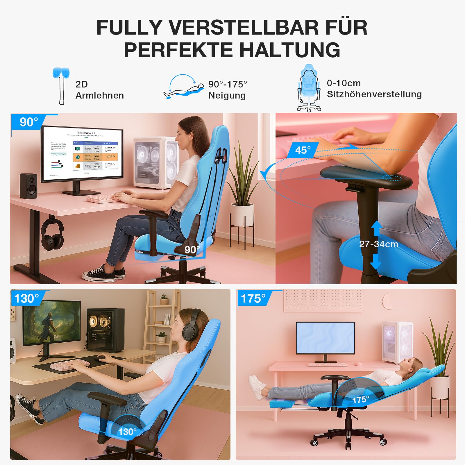 Douxlife Gaming Chair, with 7-Point Massage, Footrest, Ergonomic 180KG Office Chair, 90-175° Backrest Adjustable, Adjustable Armrest, Desk Chair for Adults, Black and White 