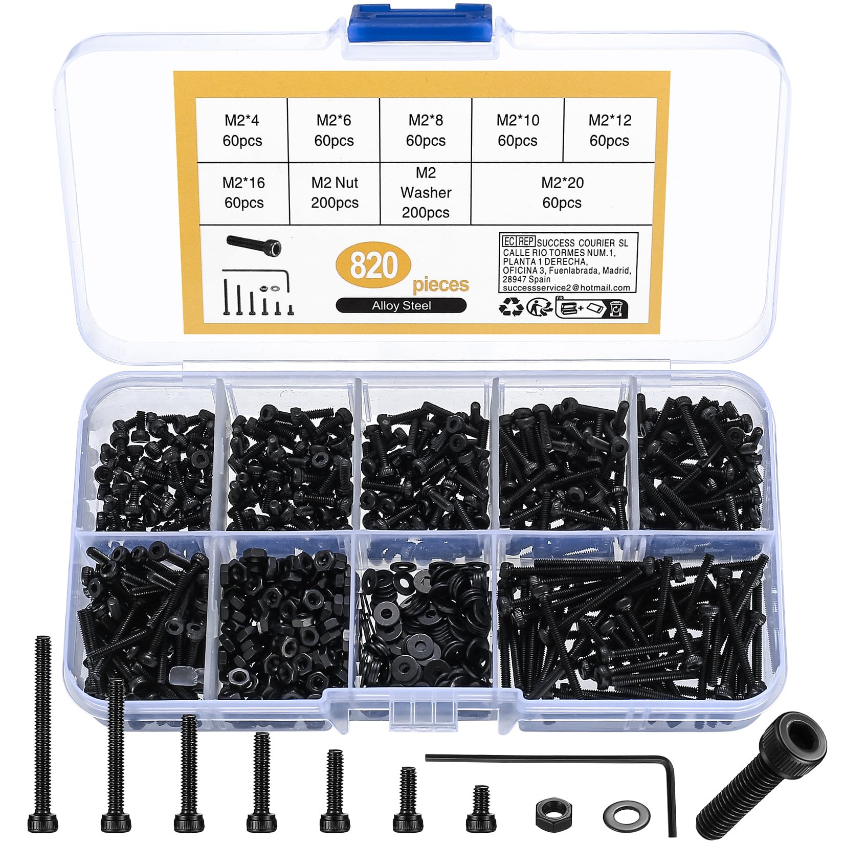 410pcs M2 Countersunk Head Hex Socket Screws, 10.9 Carbon Steel Full Thread Machine Screws, Nuts and Washers Assortment with Allen Keys 