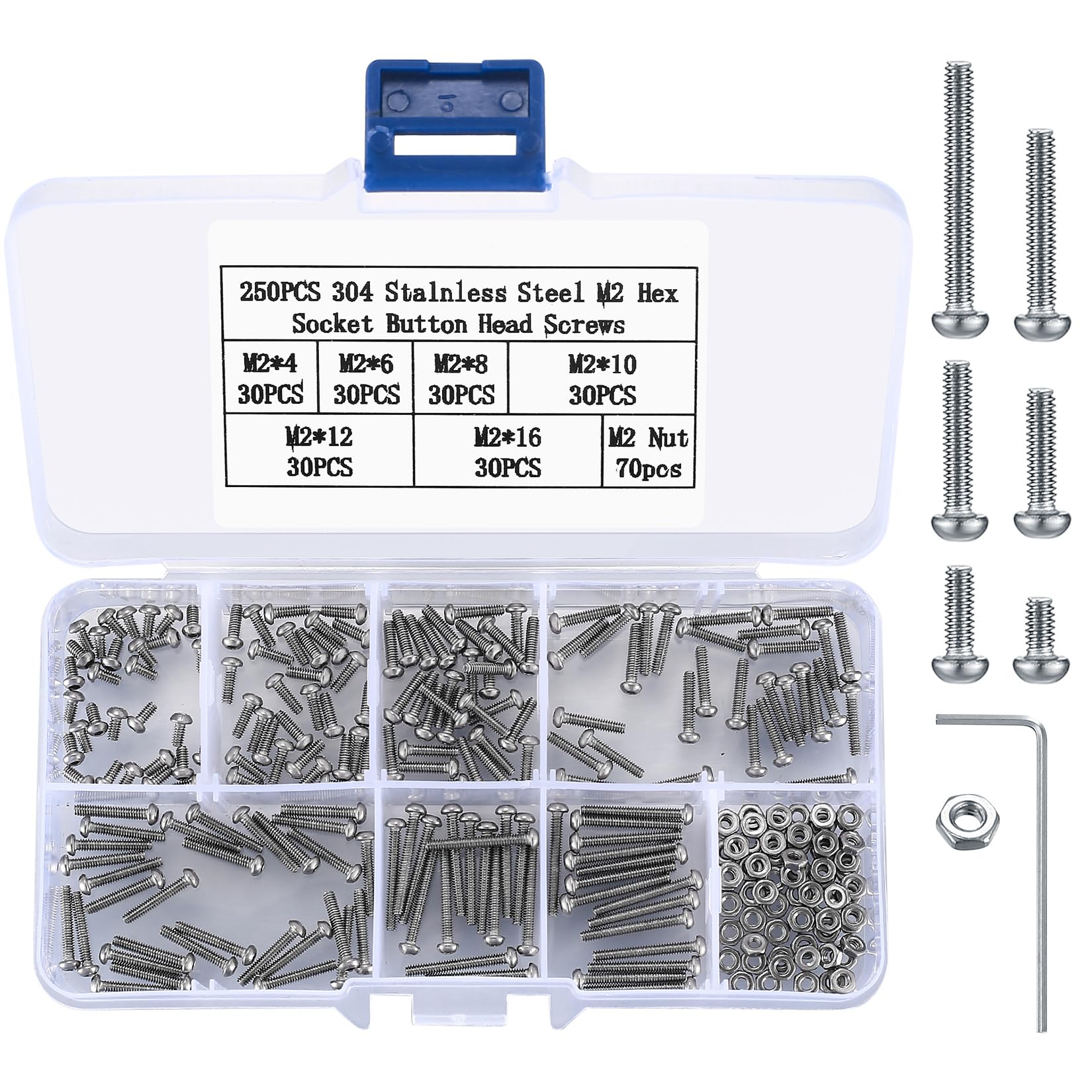 410pcs M2 Countersunk Head Hex Socket Screws, 10.9 Carbon Steel Full Thread Machine Screws, Nuts and Washers Assortment with Allen Keys 